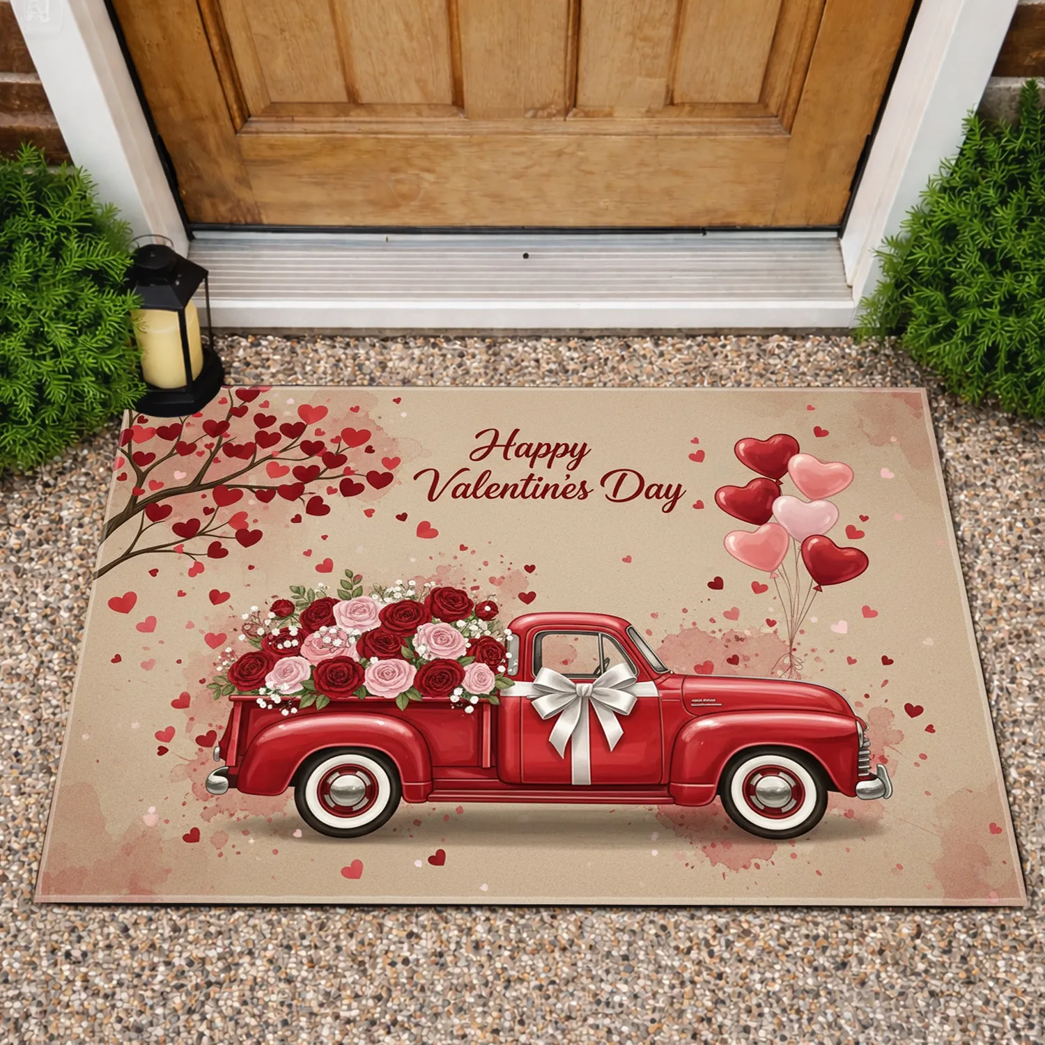 Vintage Red Pickup Truck Roses Heart Balloons Valentines Day Gift Doormat - 1
