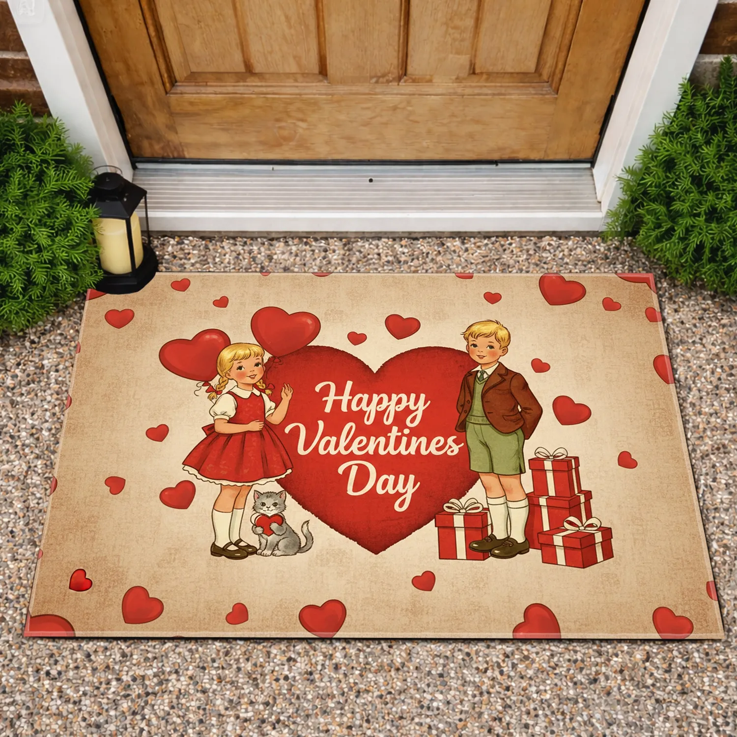 Girl Boy Kitten Rustic Red Heart Valentines Day Balloons Gift Boxes Celebration Doormat - 1