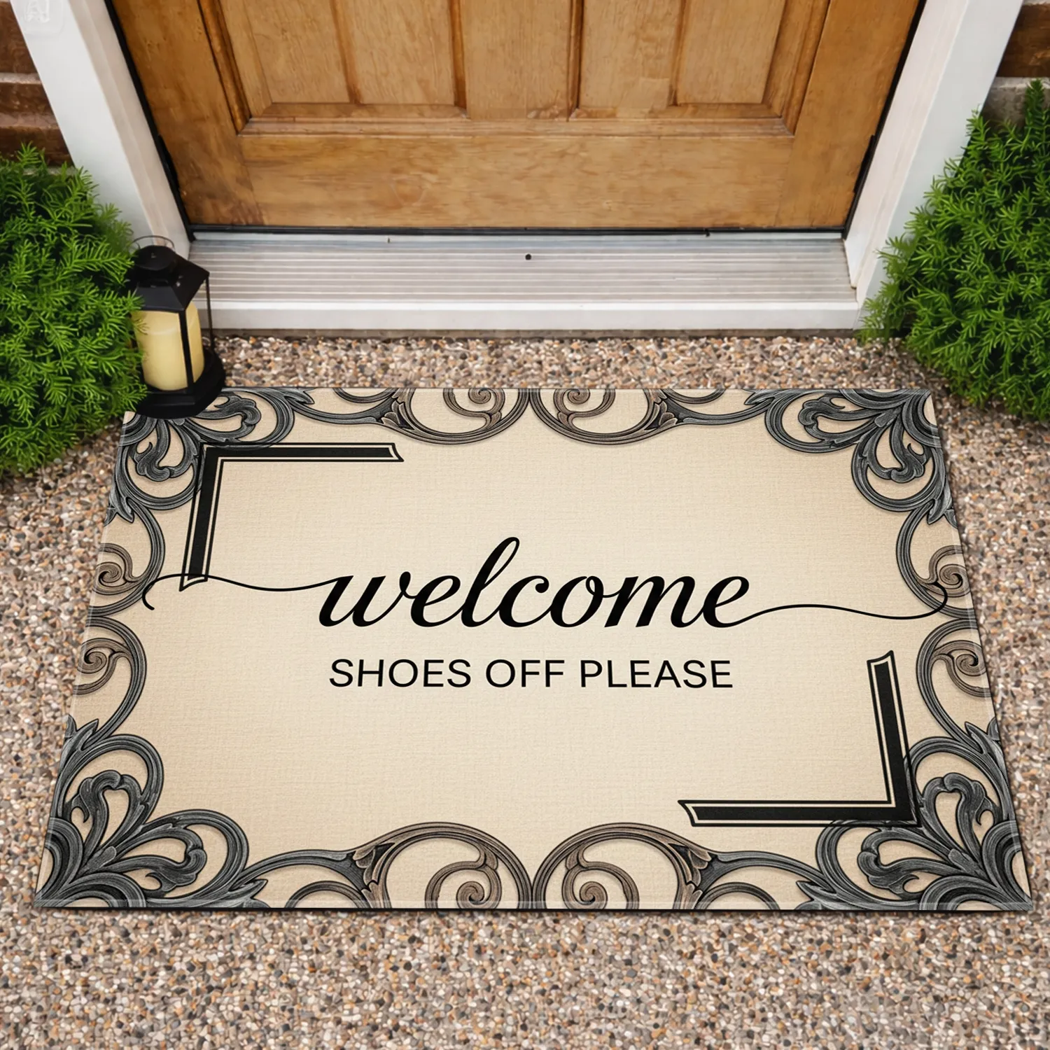Wrought Iron Welcome Script Shoes Off Please Scrollwork - Entryway Home Decor Gift Doormat - 1