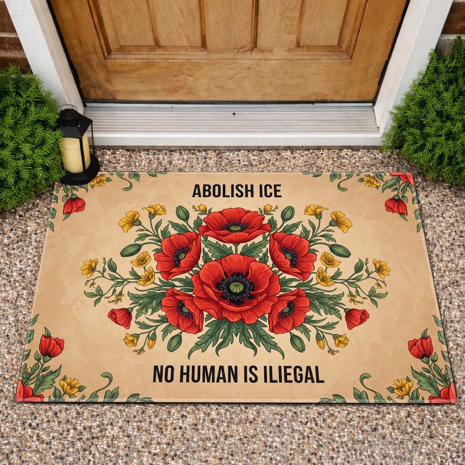 Abolish ICE No Human Is Illegal Slogan Red Poppy Floral - Human Rights Advocacy Home Decor Doormat - 1