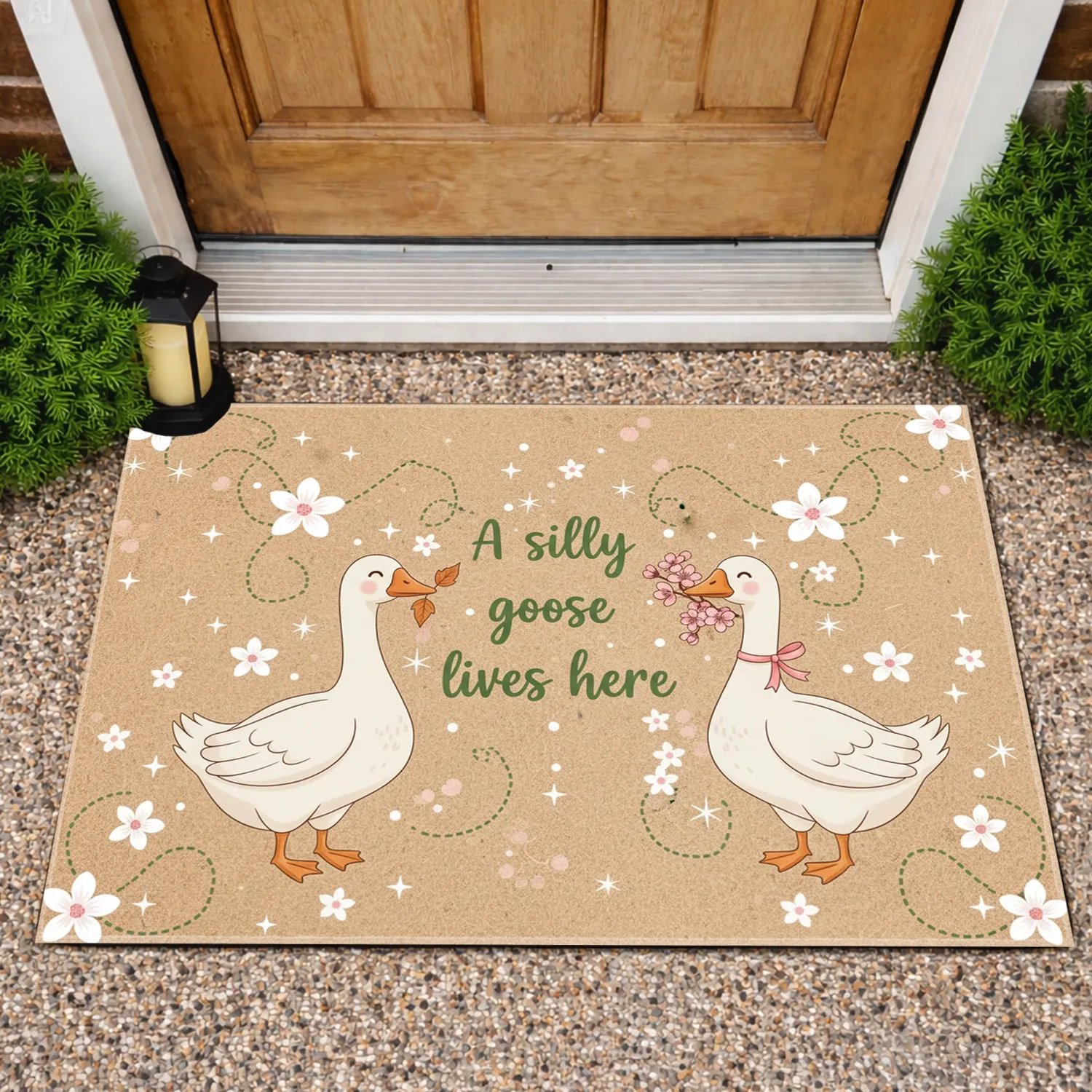Silly Goose Lives Here Text Geese Flowers - Everyday Home Decor Gift Doormat - 1