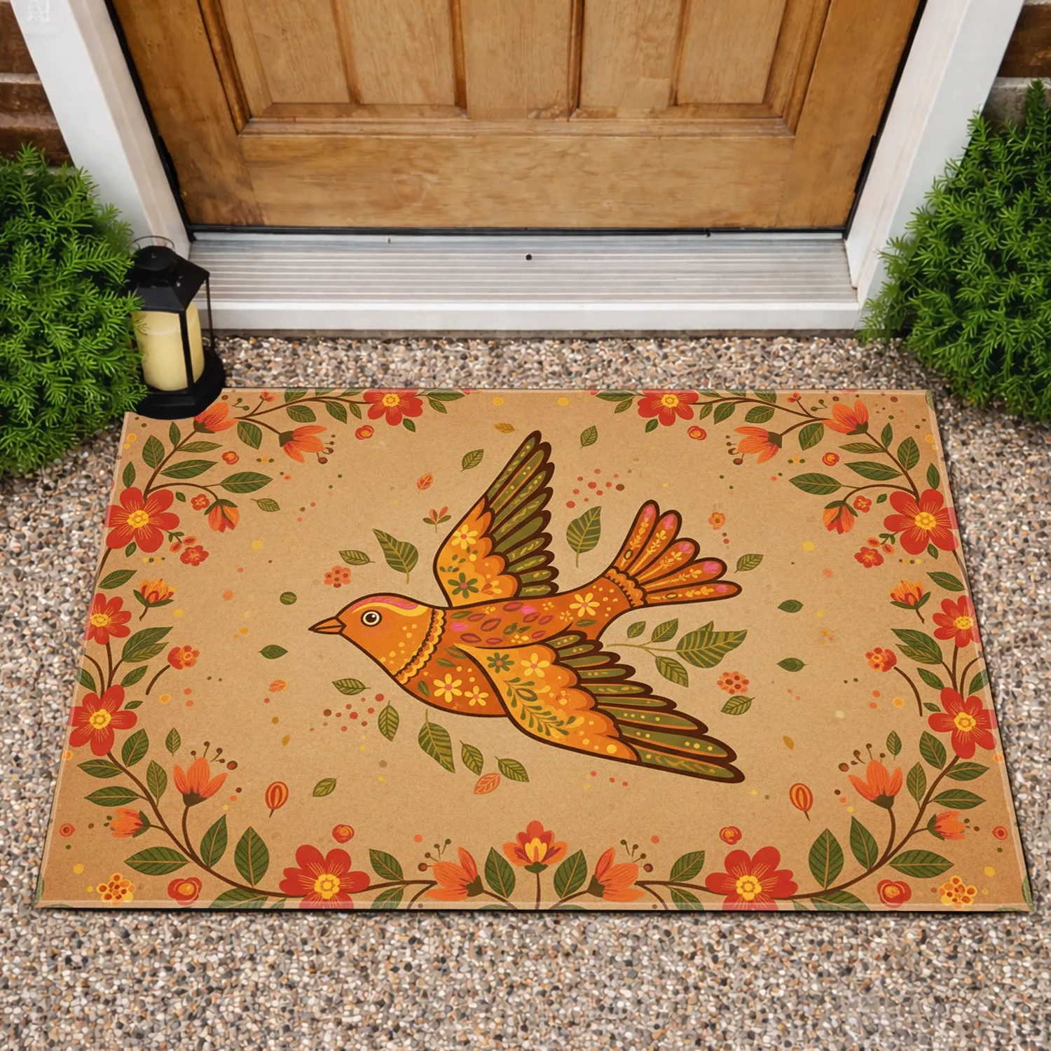 Folk Art Bird Flowers Leaves Garland - Rustic Home Decor Gift for Bird Lovers Doormat - 1