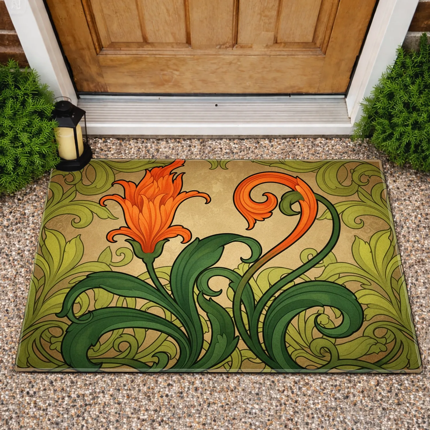 Tangerine Orange Blossoms Forest Green Leaves Flowing Tendrils - Botanical Home Decor Gift Doormat - 1