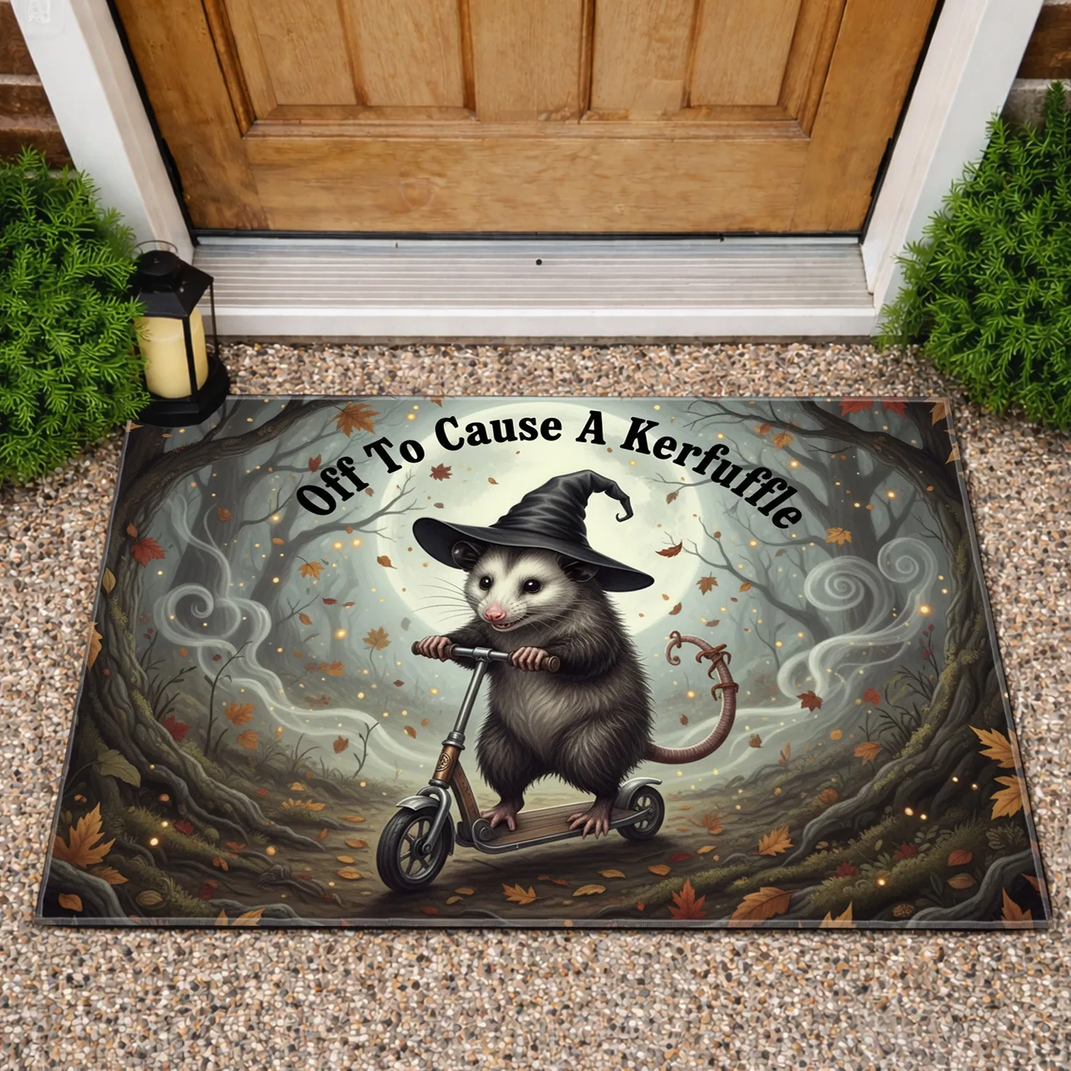 Mischievous Opossum Witch Hat Scooter - Off To Cause A Kerfuffle Halloween Decor Doormat - 1