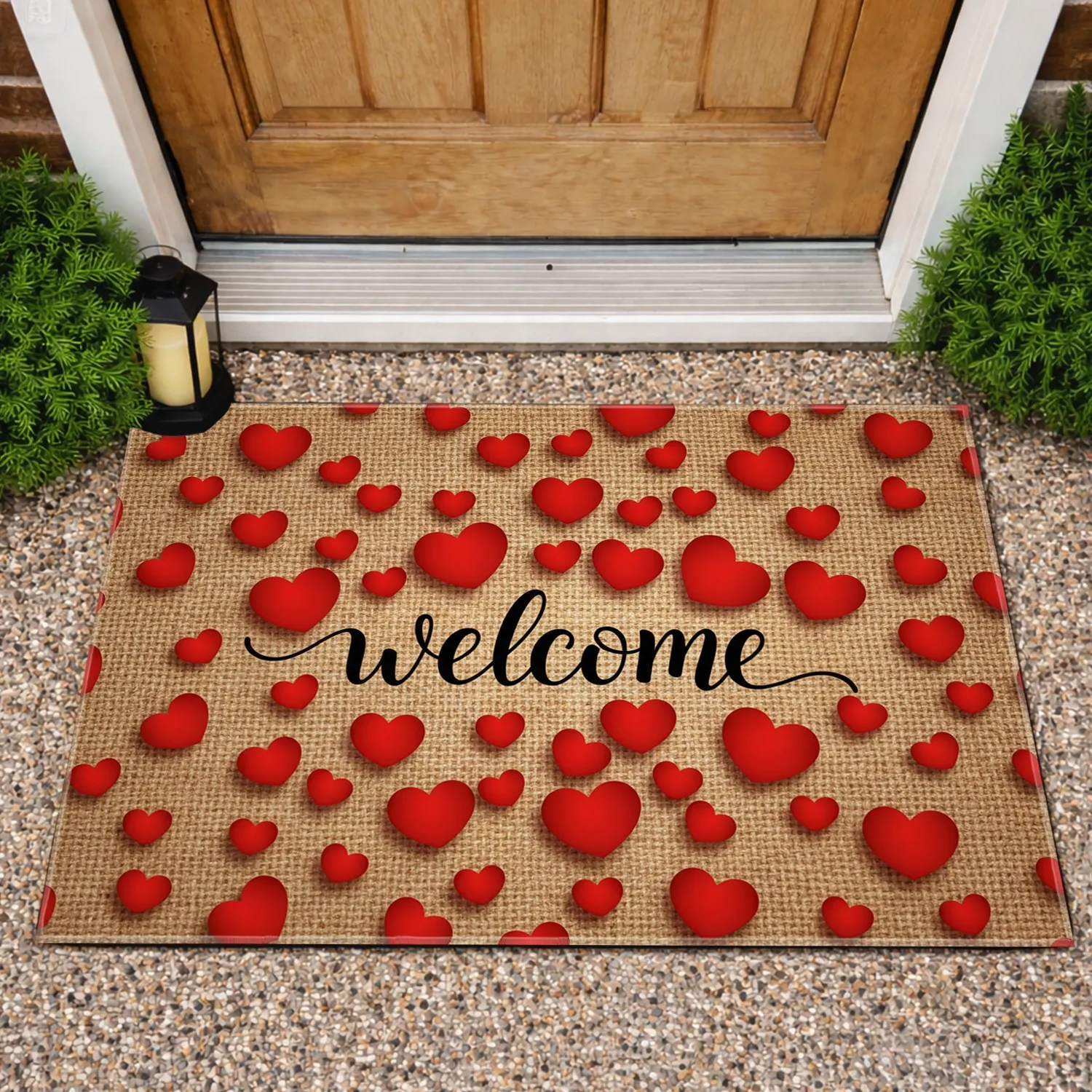 Welcome Script Red Hearts - Everyday Home Decor Gift for Guest Welcoming Doormat - 1