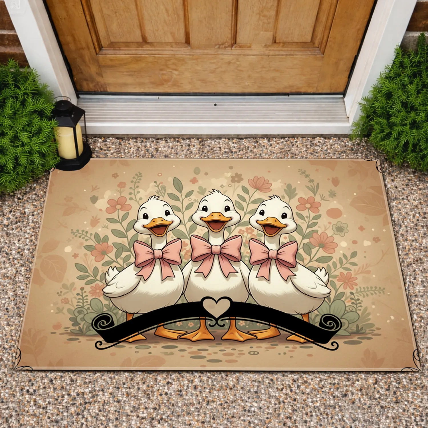 White Ducks Pink Bow Heart Scroll Floral Greenery - Home Accent Gift Doormat - 1