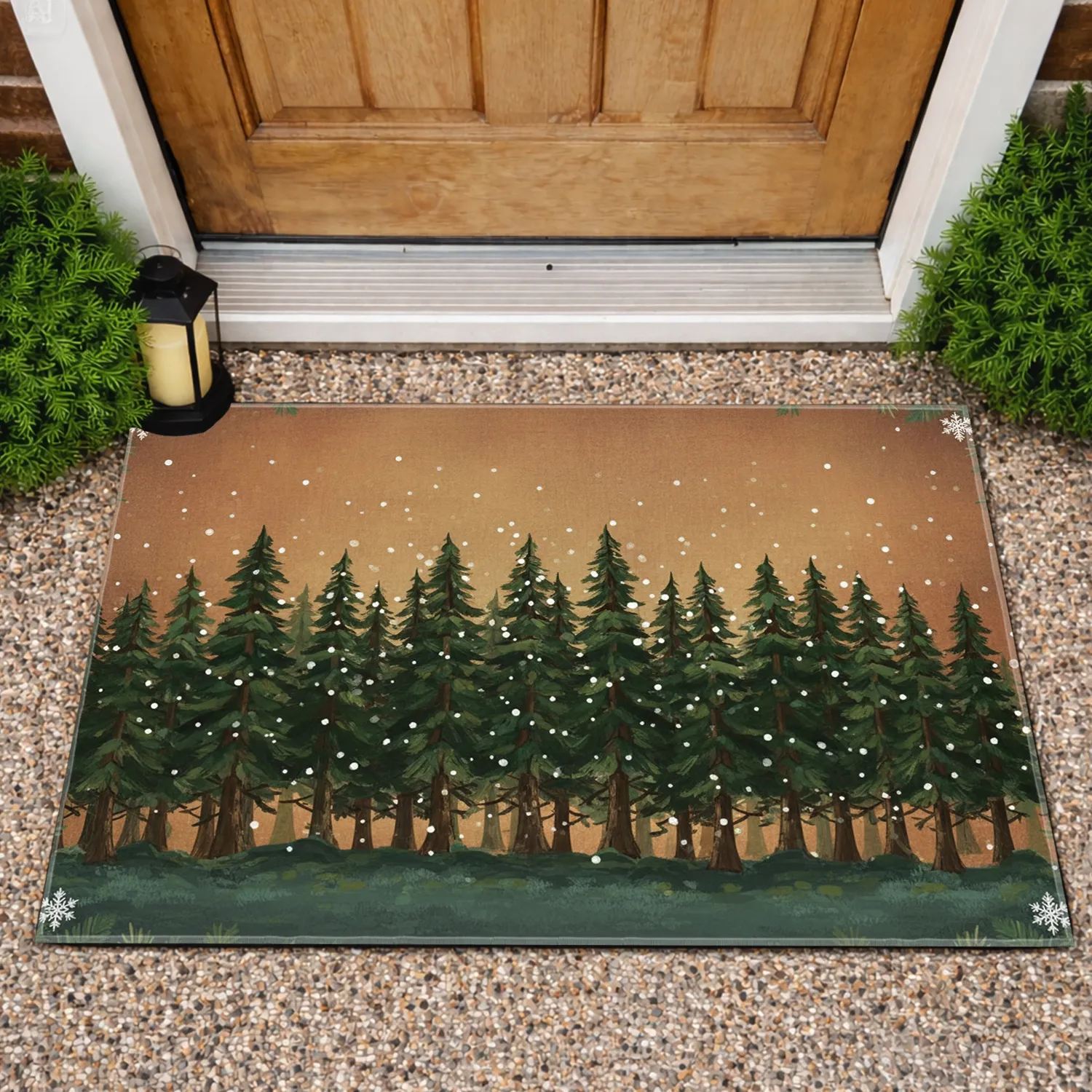 Evergreen Pine Trees Snowflakes - Winter Rustic Home Decor Gift Doormat - 1