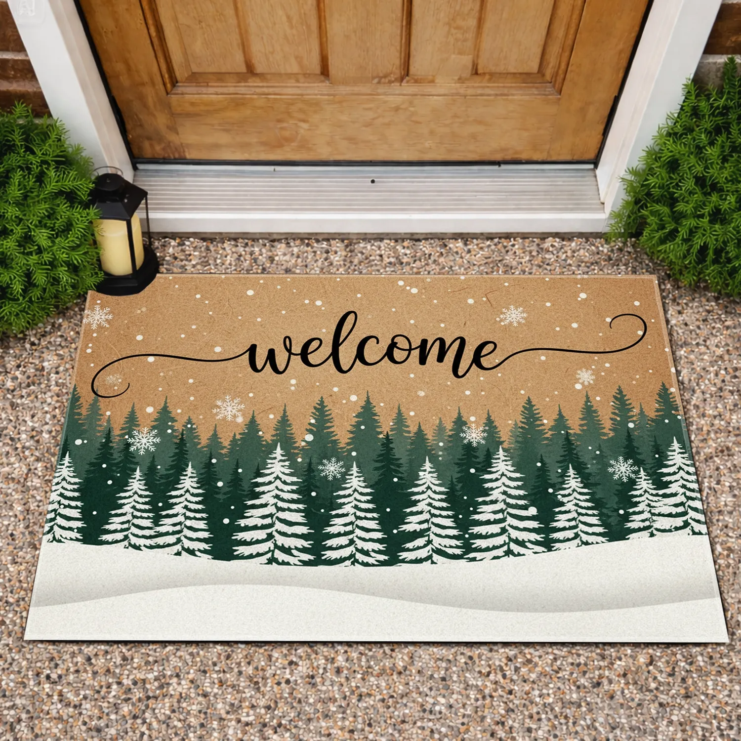 Welcome Script Evergreen Forest Snow - Cozy Rustic Winter Home Decor Doormat - 1