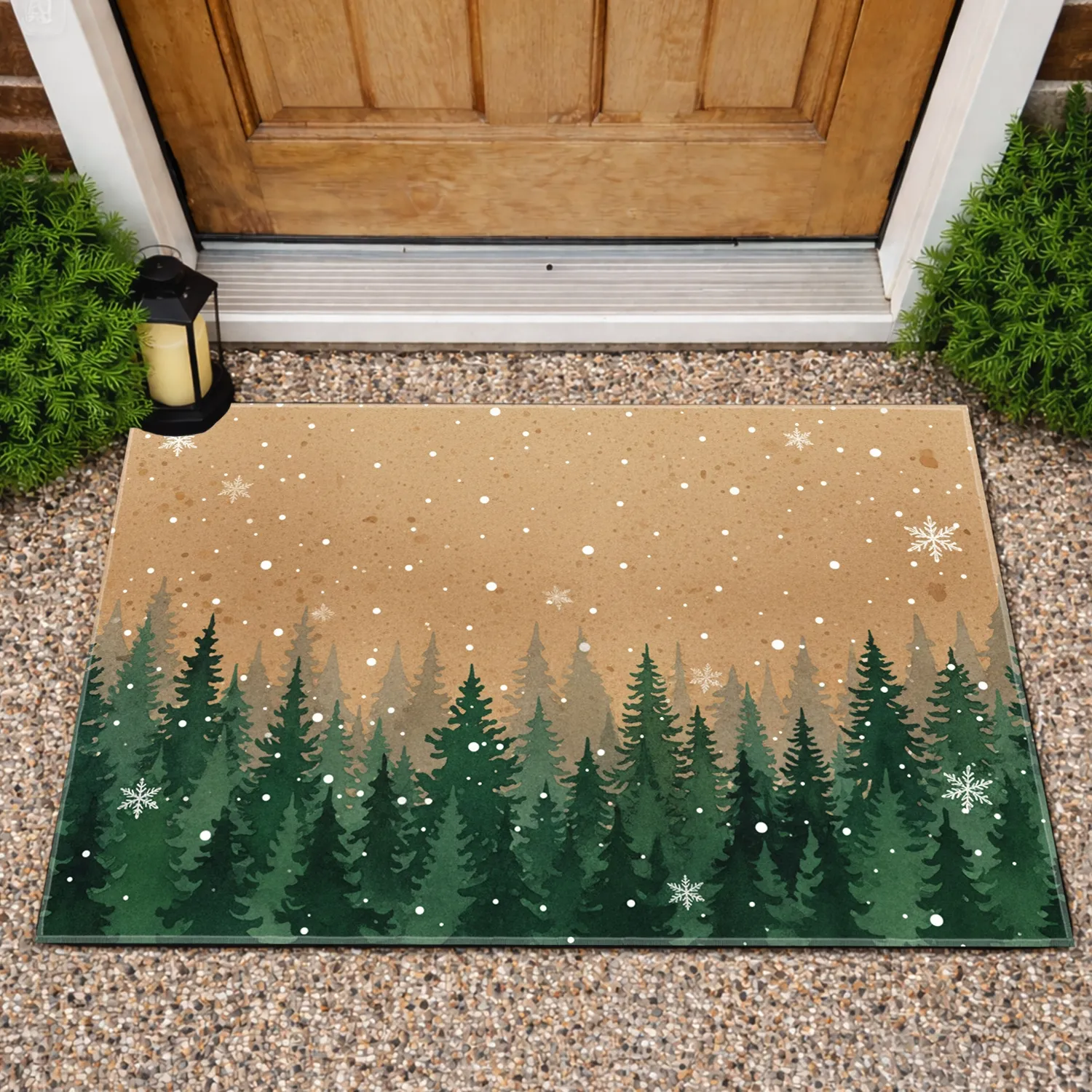 Evergreen Pine Tree Forest Snowfall Scene - Winter Holiday Home Decor Gift Doormat - 1