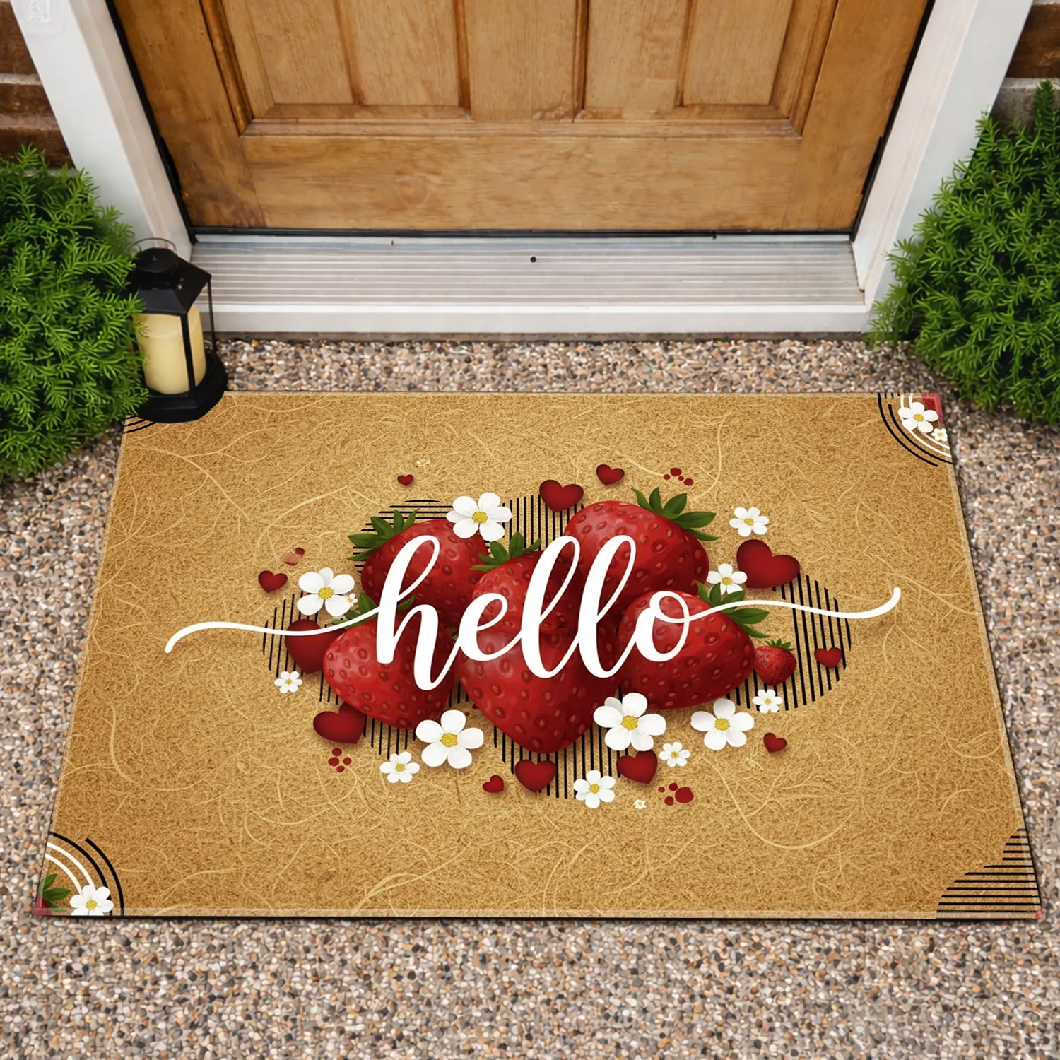 Hello Strawberries Hearts Flowers Stripes - Everyday Home Decor Gift Doormat - 1