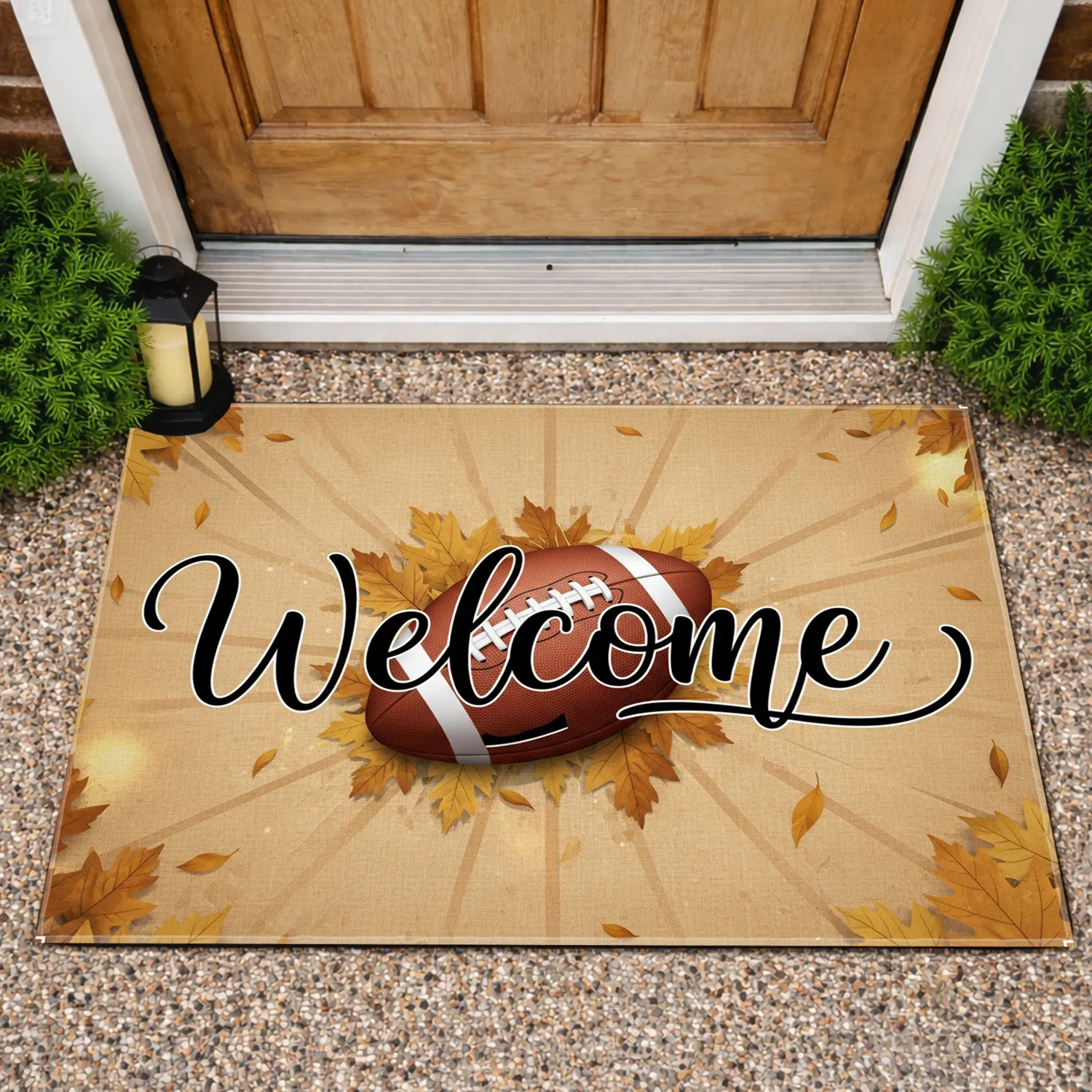 Welcome Laced Football Autumn Leaves - Game Day Autumn Welcome Decor Gift Doormat - 1