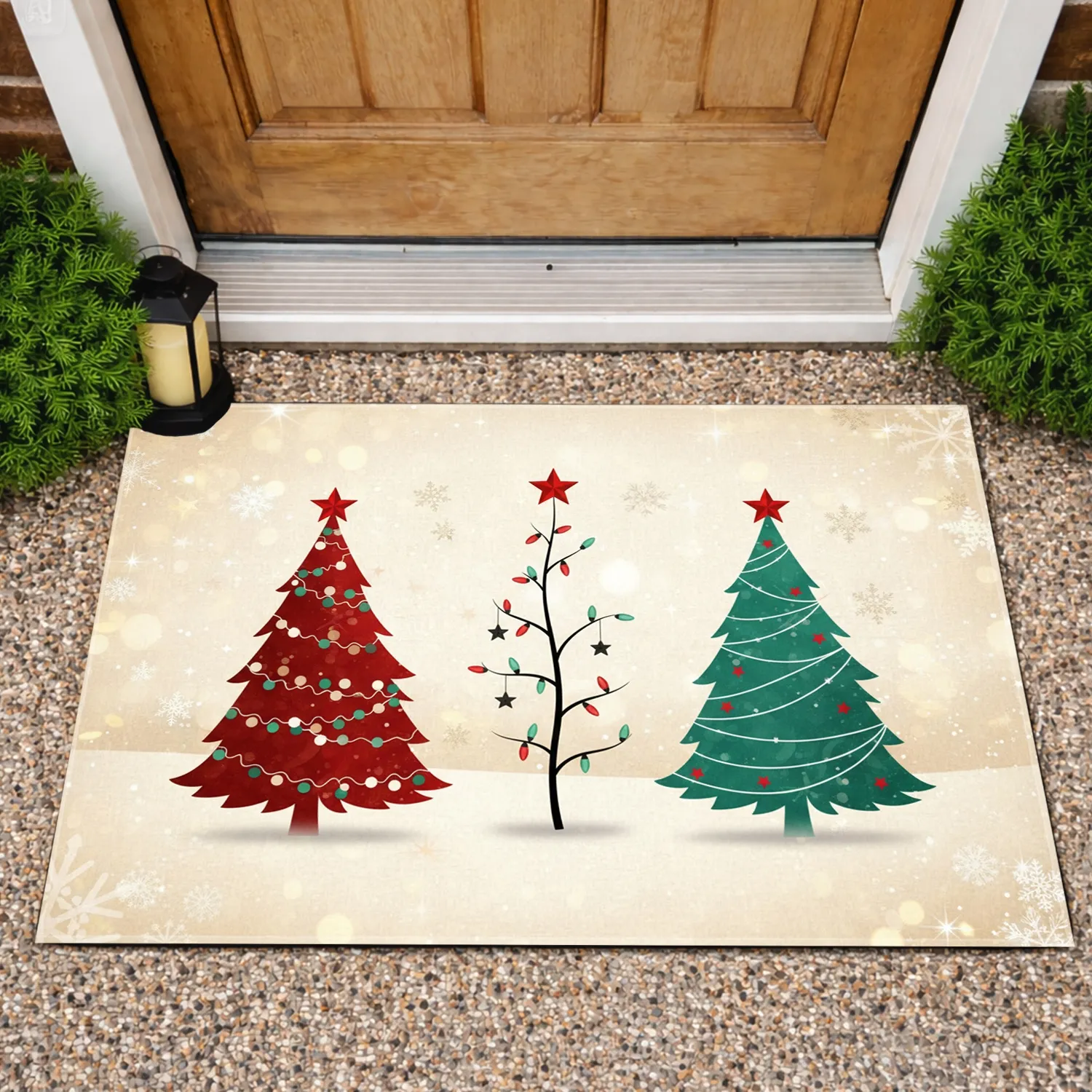 Red Black Teal Christmas Trees Snowflakes Stars - Christmas Holiday Home Decor Gift Doormat - 1