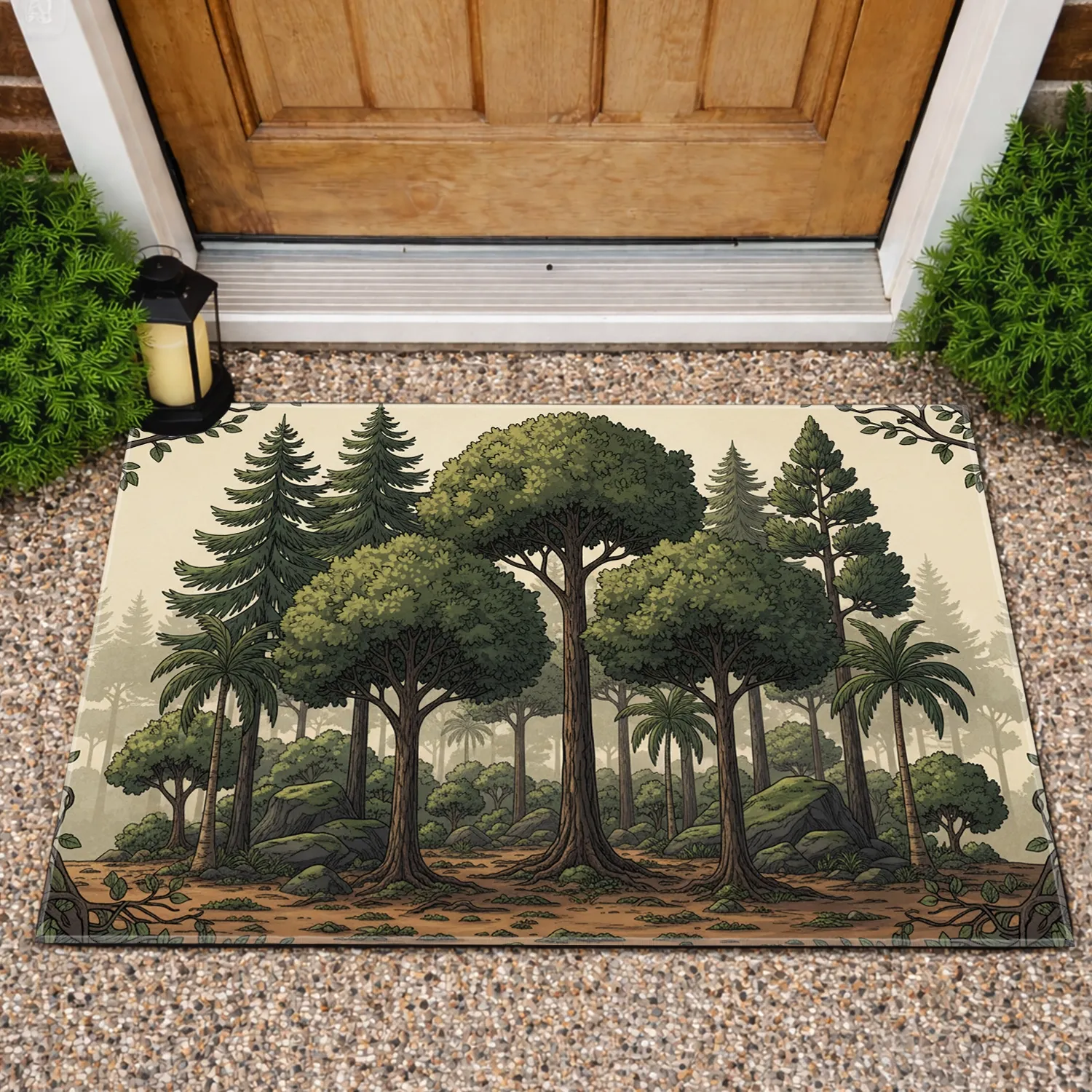 Lush Forest Scene Pines Palms Undergrowth Rocks - Nature Lover Home Decor Gift Doormat - 1