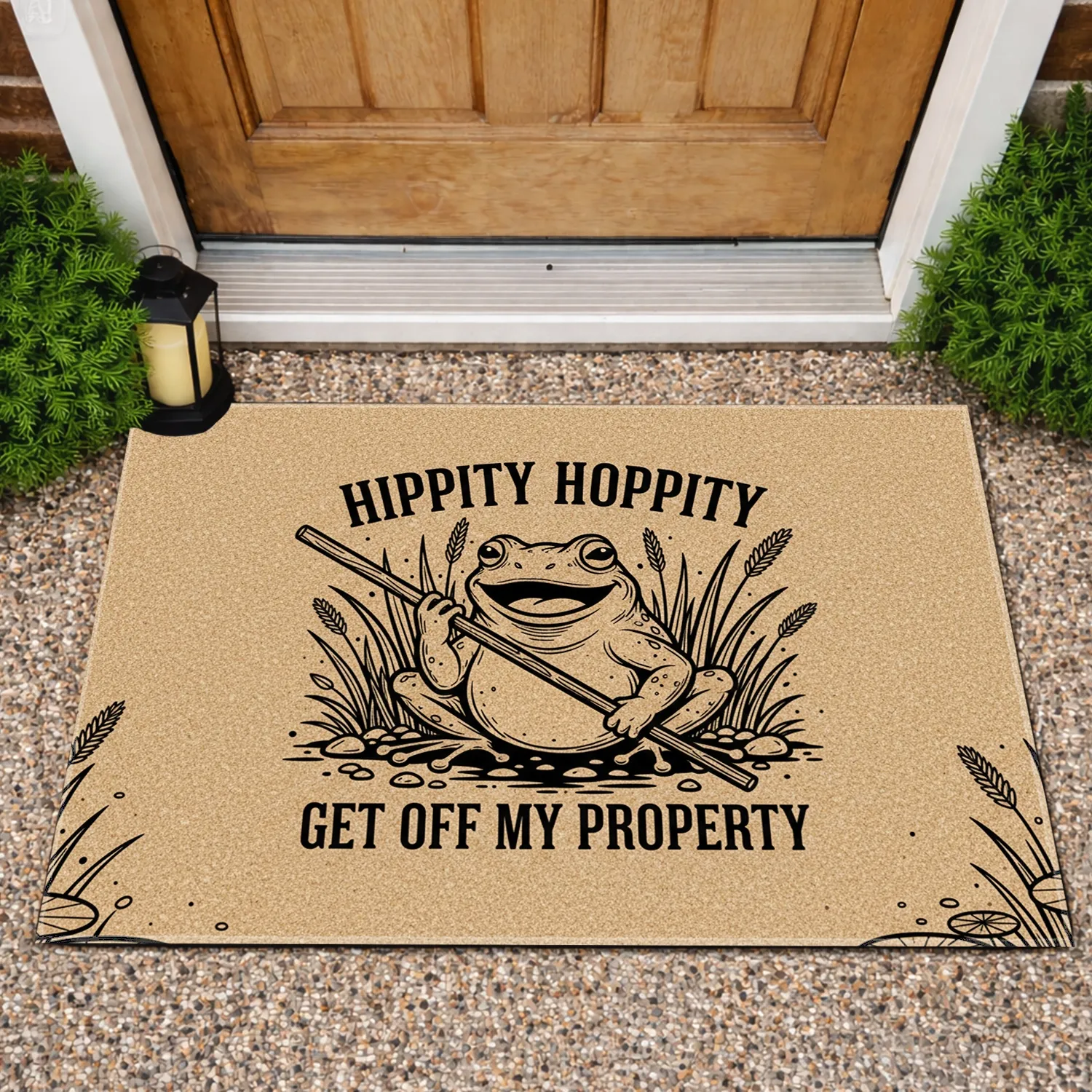 Grinning Frog Staff 'Get Off My Property' - Outdoor Garden Decor for Homeowners Doormat - 1