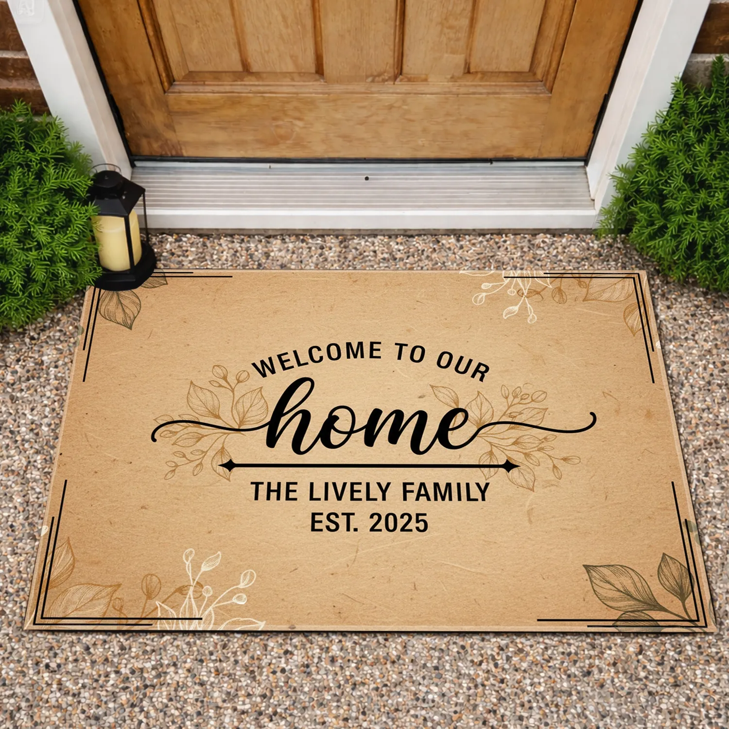 Welcome Home Custom Family Name and Year Botanical Accents - Housewarming Gift for New Home Doormat - 1
