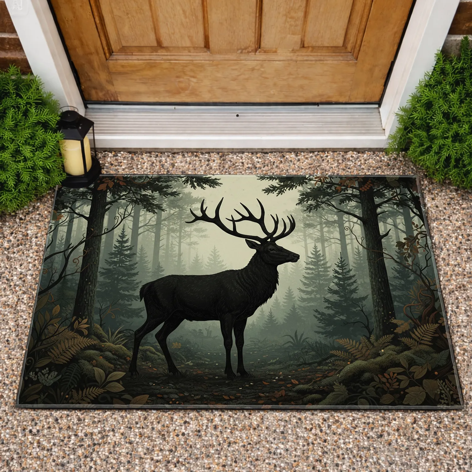 Charcoal Stag Textured Antlers Silhouette Pine Forest Woodland - Wildlife Home Decor Gift Doormat - 1