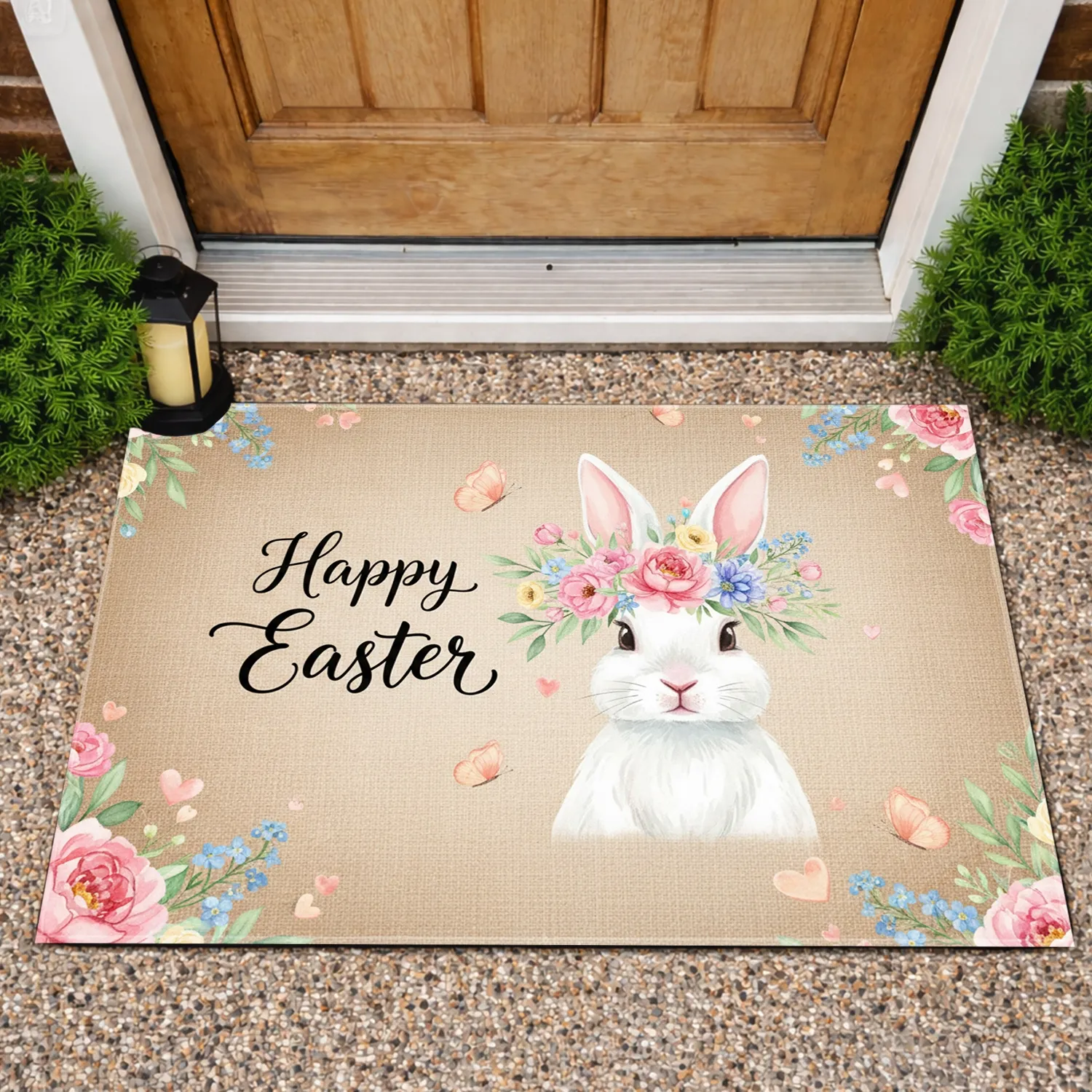 White Easter Bunny Happy Easter Flower Crown Pastel Floral Butterflies - Easter Holiday Doormat - 1