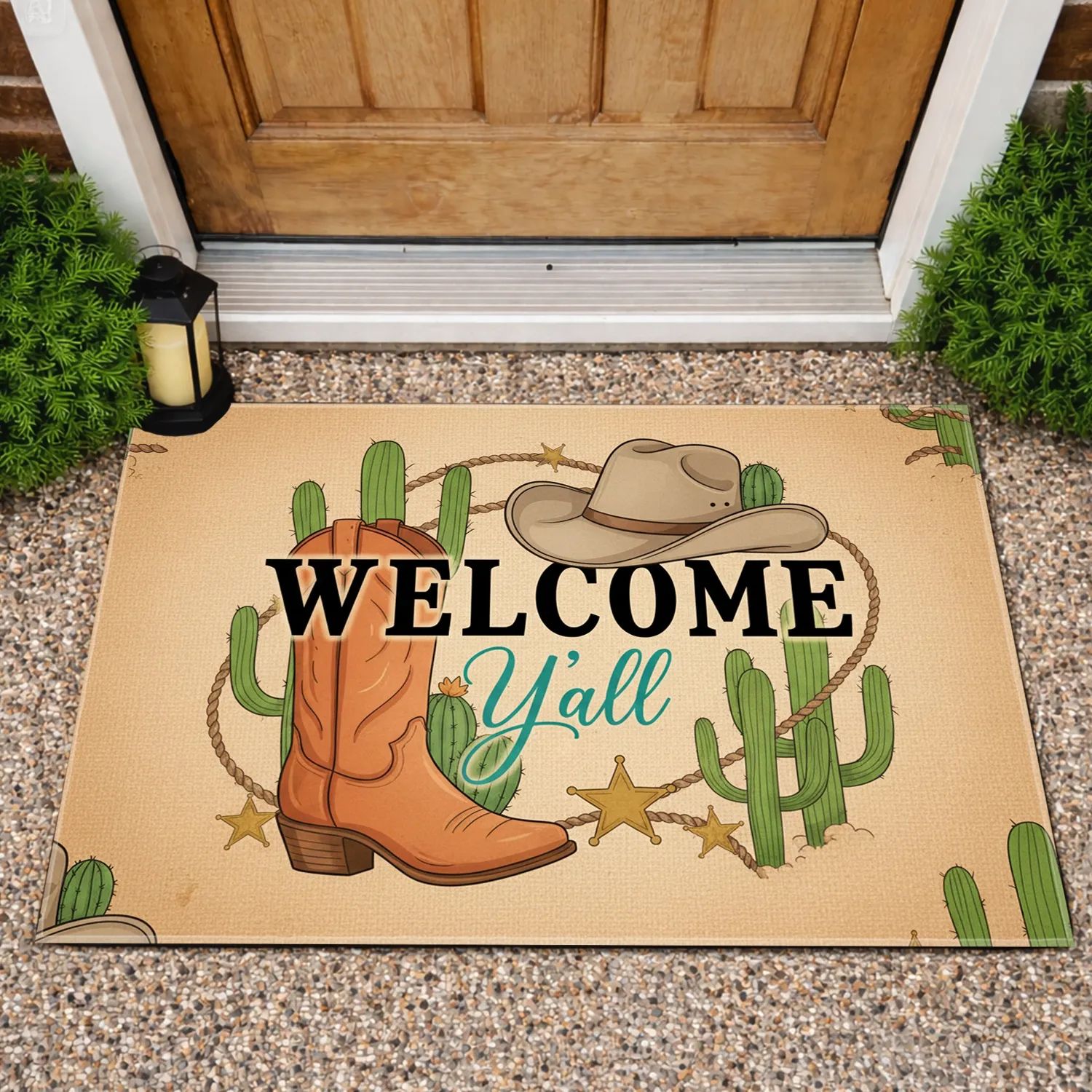 Cowboy Boot Hat Welcome Y'all Rustic Desert Western Decor Gift Doormat - 1