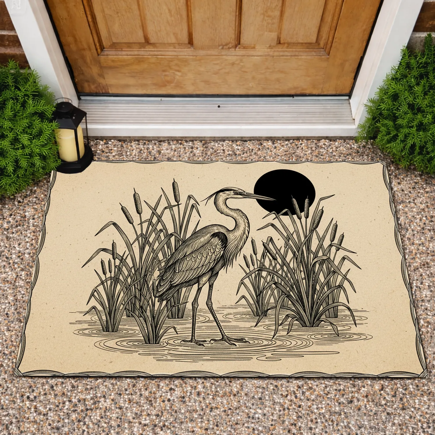 Heron Wading Bird Marsh Reeds Cattails Black Disc - Wildlife Lover Home Decor Gift Doormat - 1
