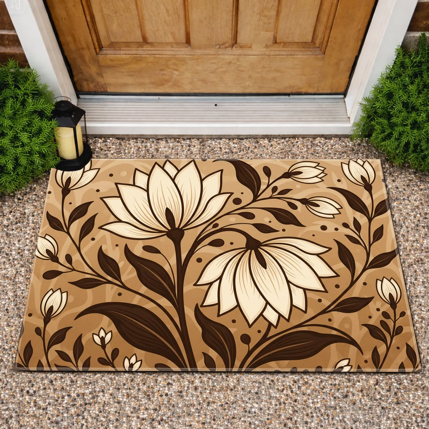 Large Floral Blooms Creamy Beige Petals Organic Leaves - Brown Outlining Home Decor Gift Doormat - 1