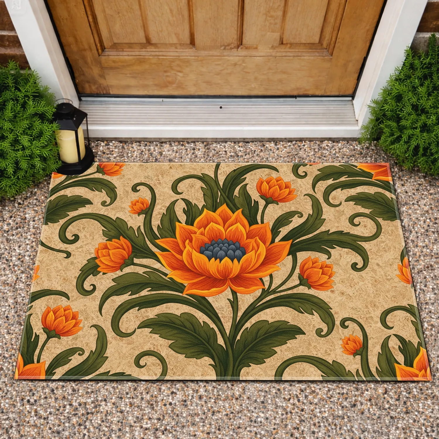Orange Bloom Olive Leaf - Home Decor Gift Doormat - 1