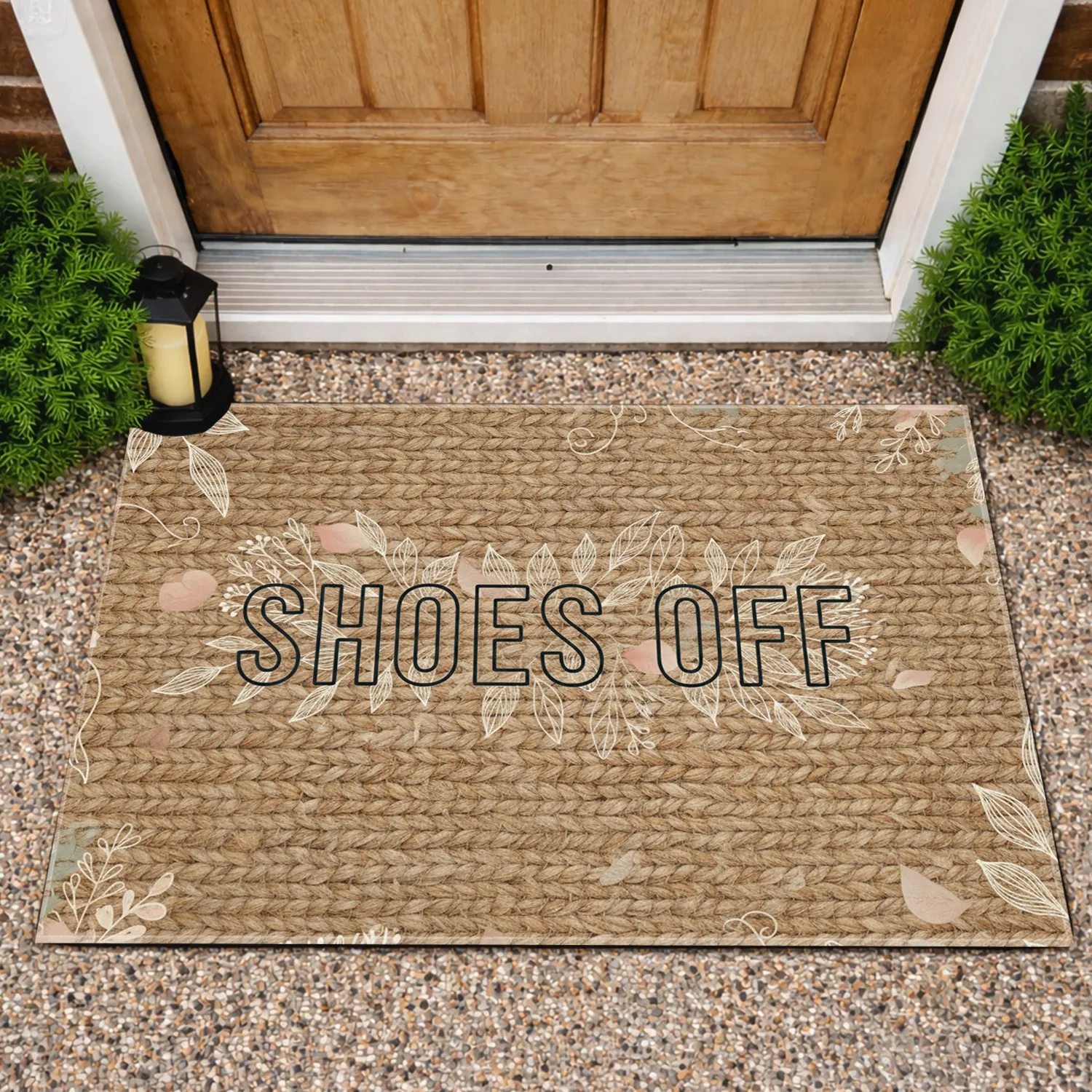 SHOES OFF Text Botanical Flower Petals – Home Entry Guest Welcome Decor Doormat - 1