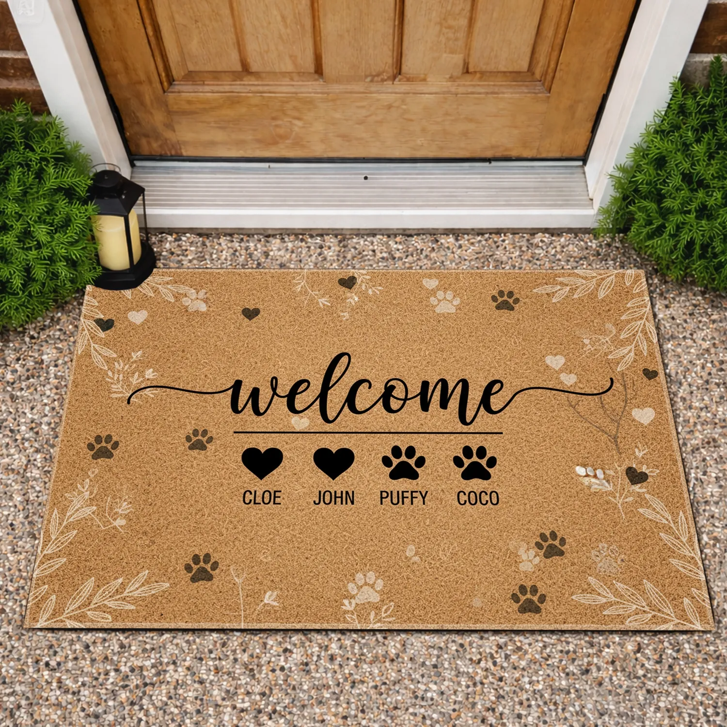 Welcome Heart Paw Print Names Botanical Custom Names - Home Decor Gift for Pet & Family Lovers Doormat - 1