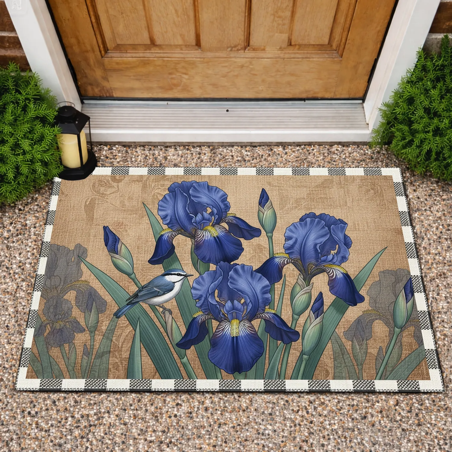 Blue Iris Flowers Bird Buffalo Check Border - Farmhouse Home Decor Gift Doormat - 1