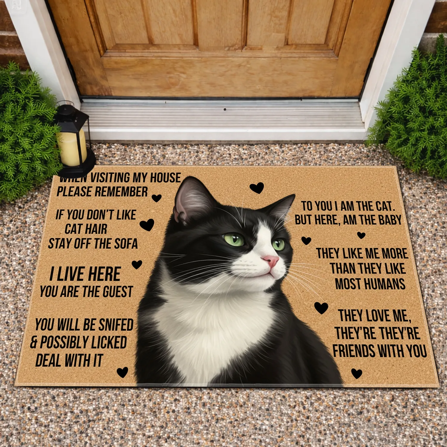 Mischievous Tuxedo Cat Funny Text Hearts - Cat Lover Home Decor Gift for Cat Owners Doormat - 1