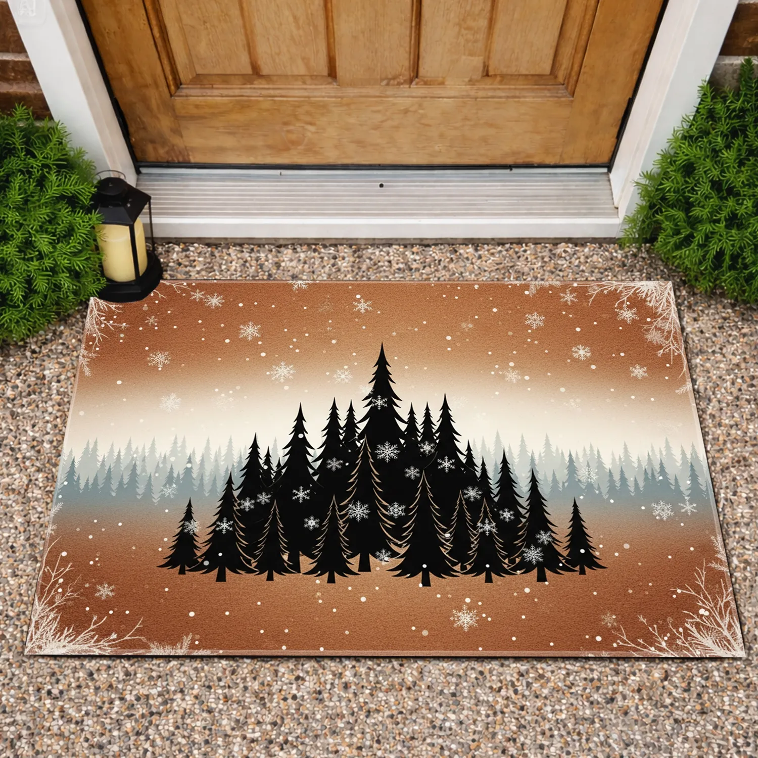 Black Christmas Tree Forest Snow Scene - Winter Holiday Christmas Decor Doormat - 1