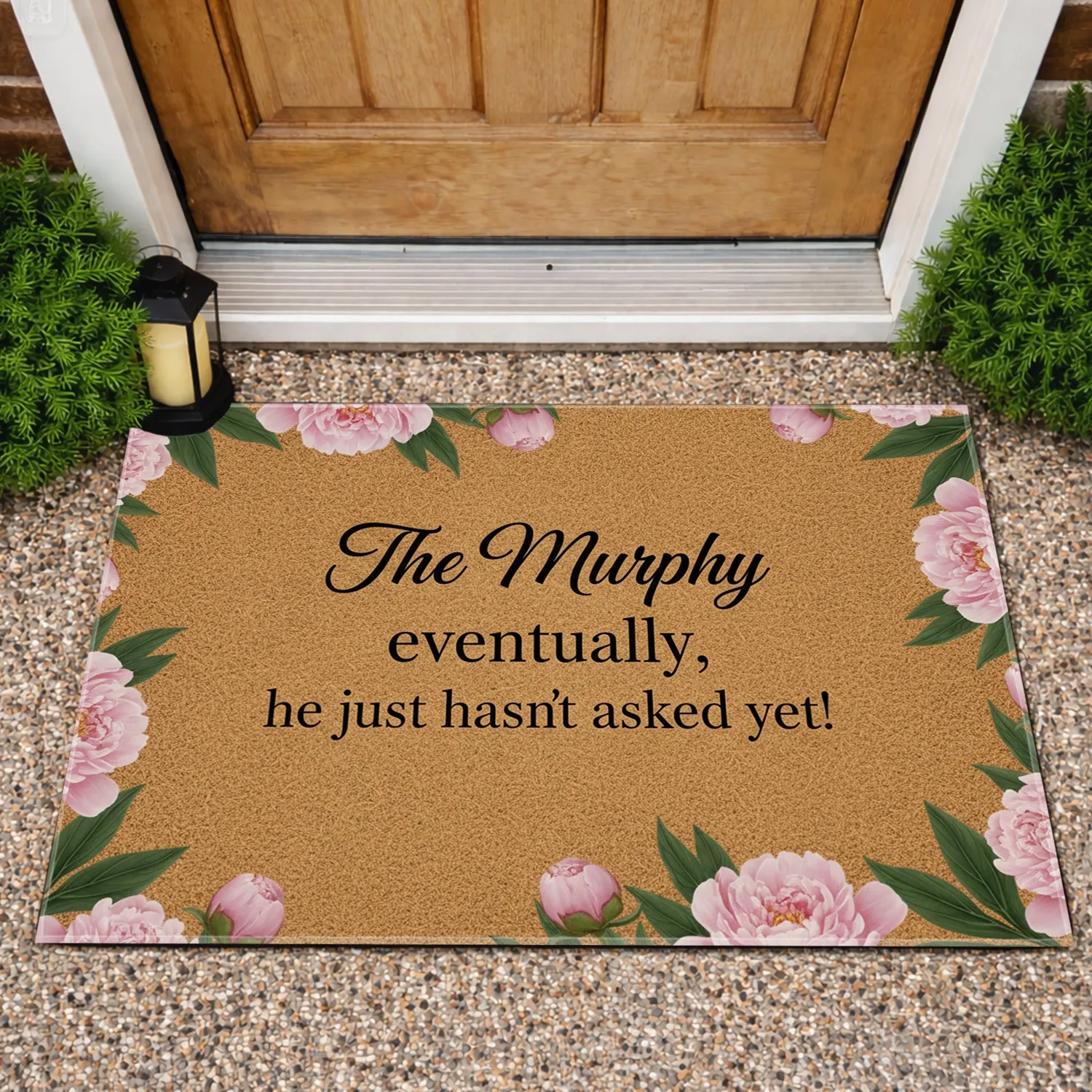 Custom Family Name Eventually Peony Proposal Phrase - Engagement Gift for Couples Doormat - 1