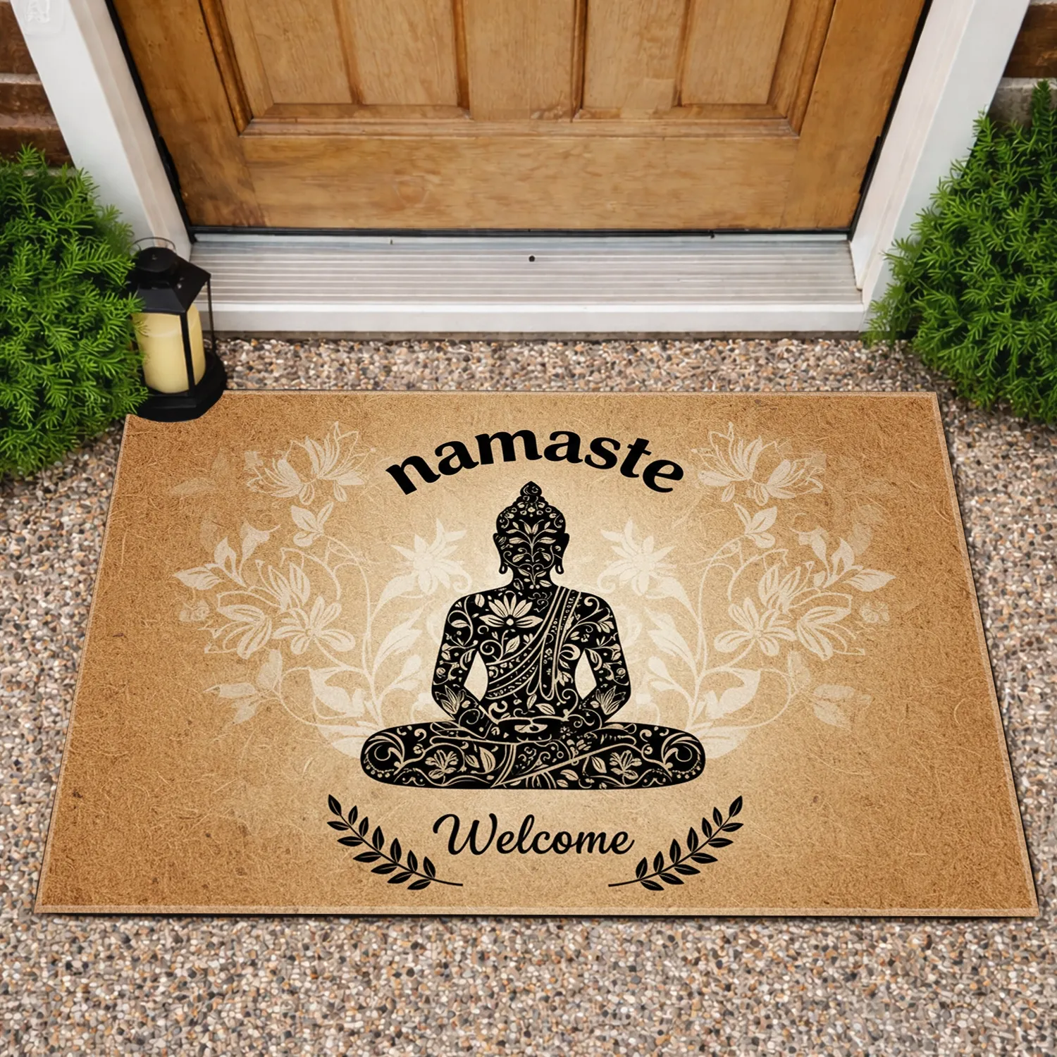 Namaste Welcome Meditating Buddha Silhouette Lotus Pose - Spiritual Yoga Home Decor Doormat - 1