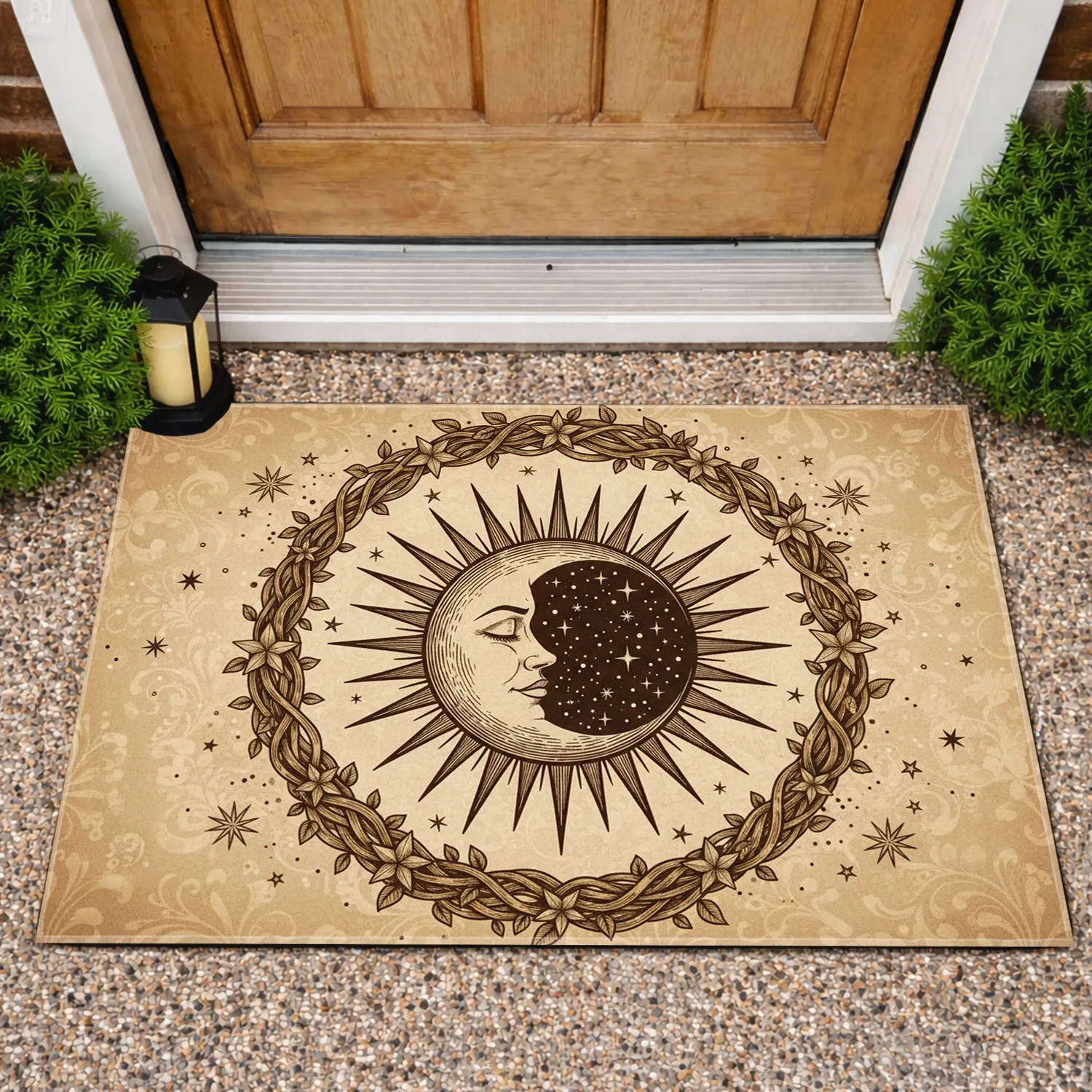 Classic Earthy Textured Moon Sun Wreath Emblem - Timeless Celestial Home Decor Gift Doormat - 1