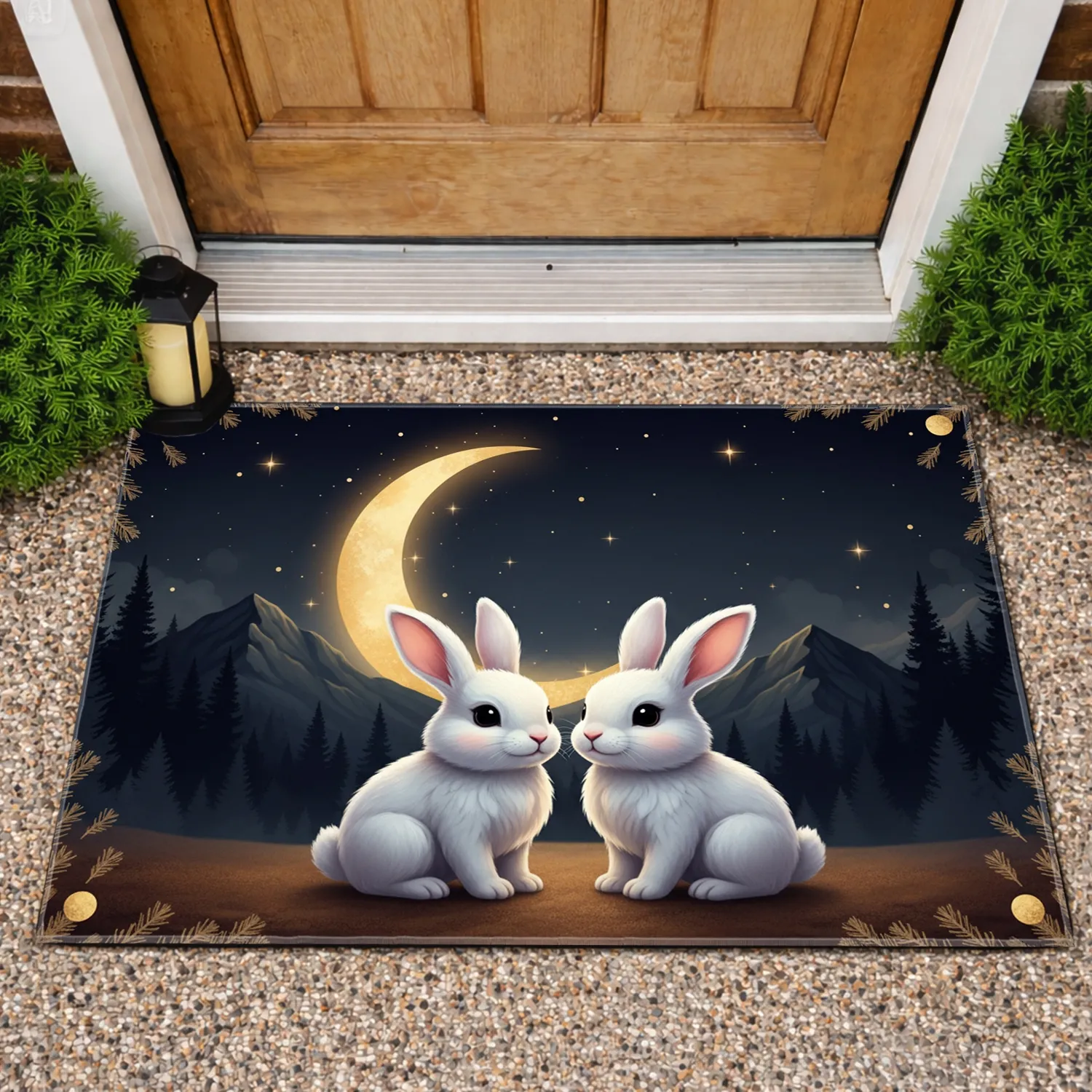 White Bunnies Golden Moon Night Sky Mountains Pine Trees - Home Decor Gift for Rabbit Lovers Doormat - 1