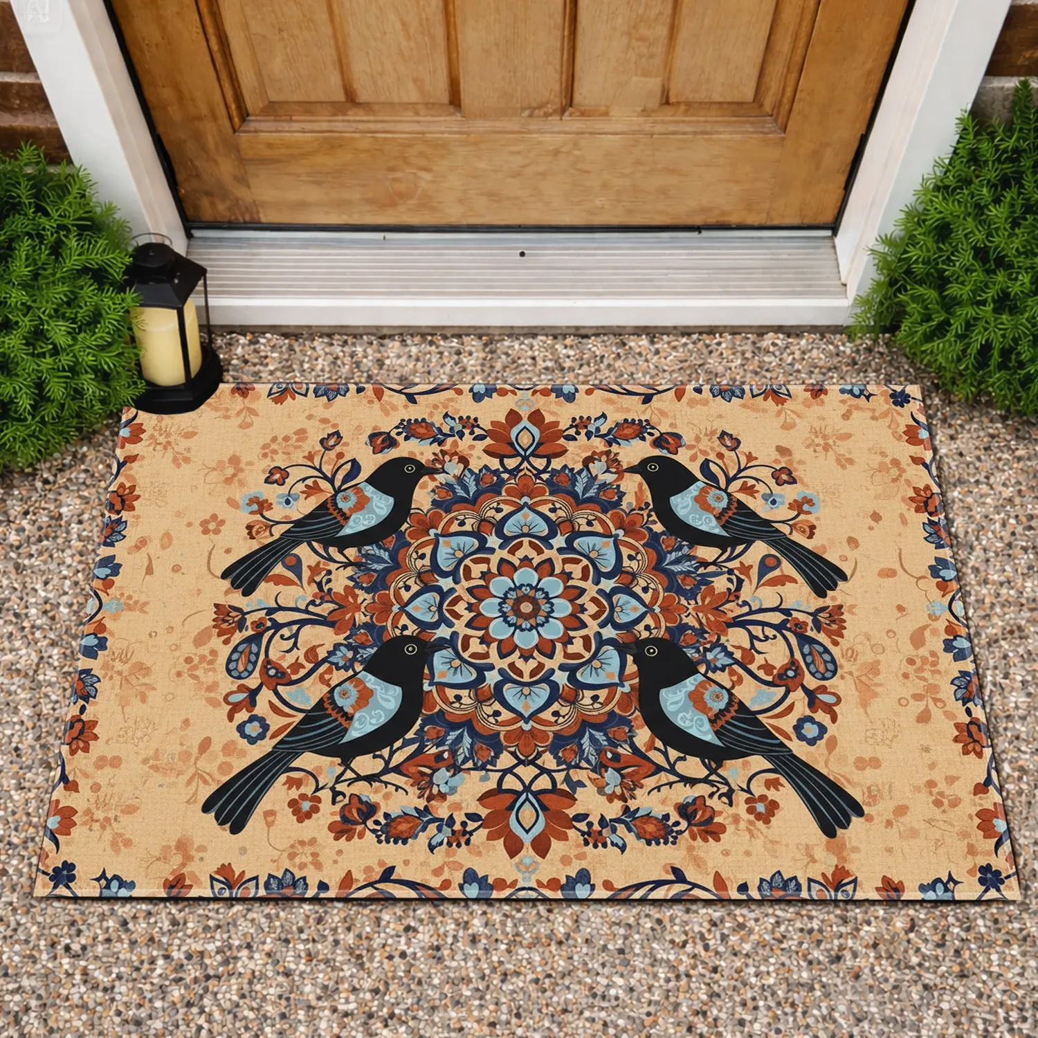 Black Birds Mandala Geometric Floral Folk Art Vines - Home Decor Gift for Bird Lovers Doormat - 1