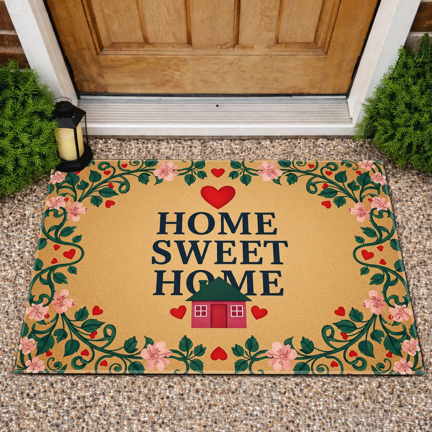 Home Sweet Home Pink House Red Hearts Green Leaf Floral Vine - Home Decor Gift Doormat - 1