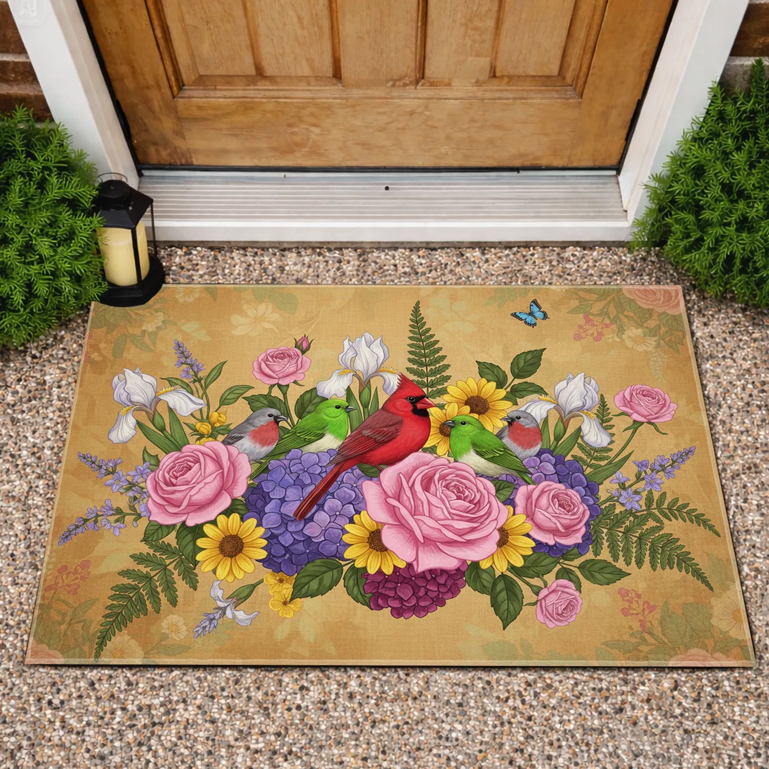 Red Cardinal Songbirds Pink Roses Hydrangeas Floral - Garden Decor Gift for Bird Lovers Doormat - 1