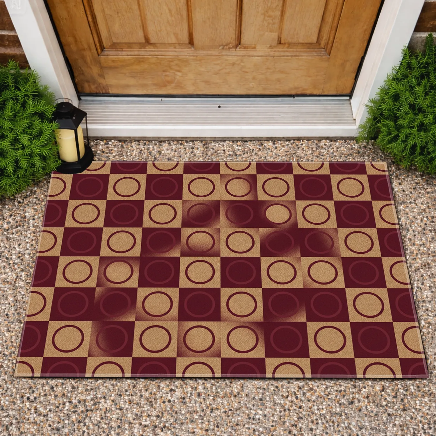 Deep Maroon Rustic Tan Checkerboard Outlined Circles - Home Decor Gift Doormat - 1