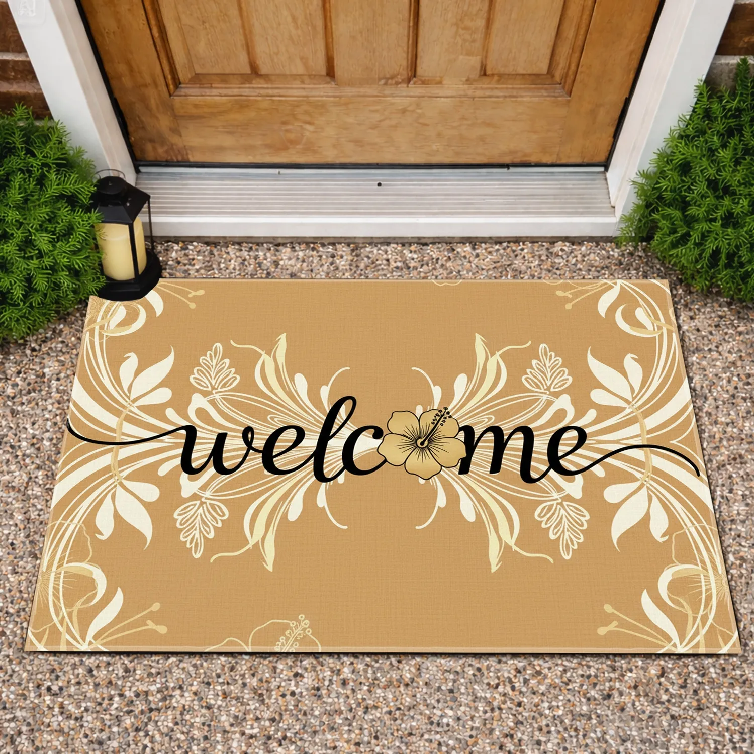 Welcome Golden Hibiscus Art Nouveau Botanical Home Decor Gift Doormat - 1