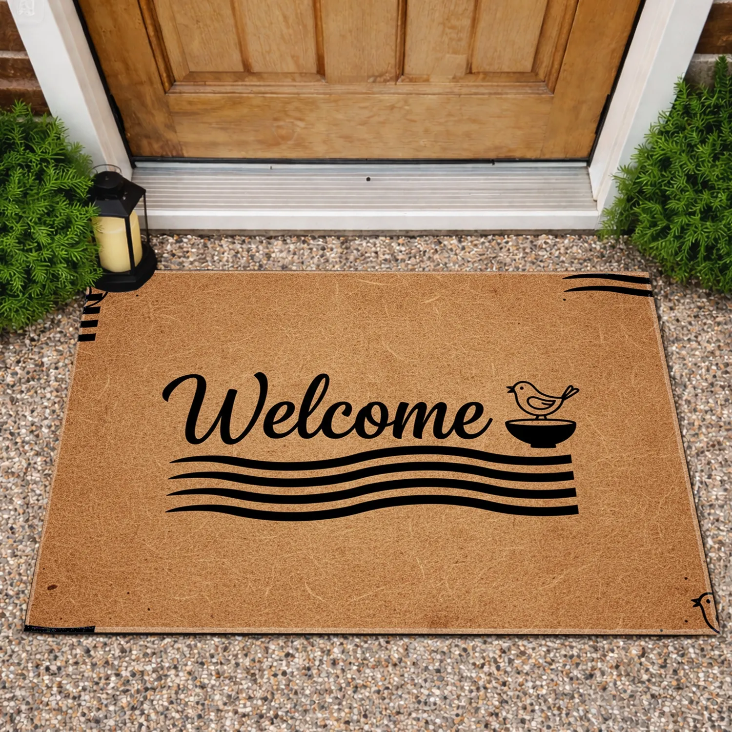 Welcome Script Bird Bowl Wavy Lines Textured Field - Everyday Home Decor Gift Doormat - 1