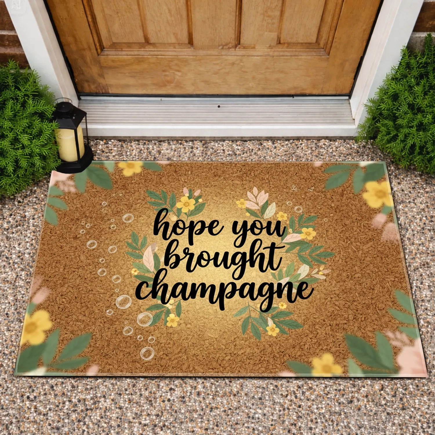 Hope You Brought Champagne Script Bubbles Leaves Flowers Party Decor Gift Doormat - 1