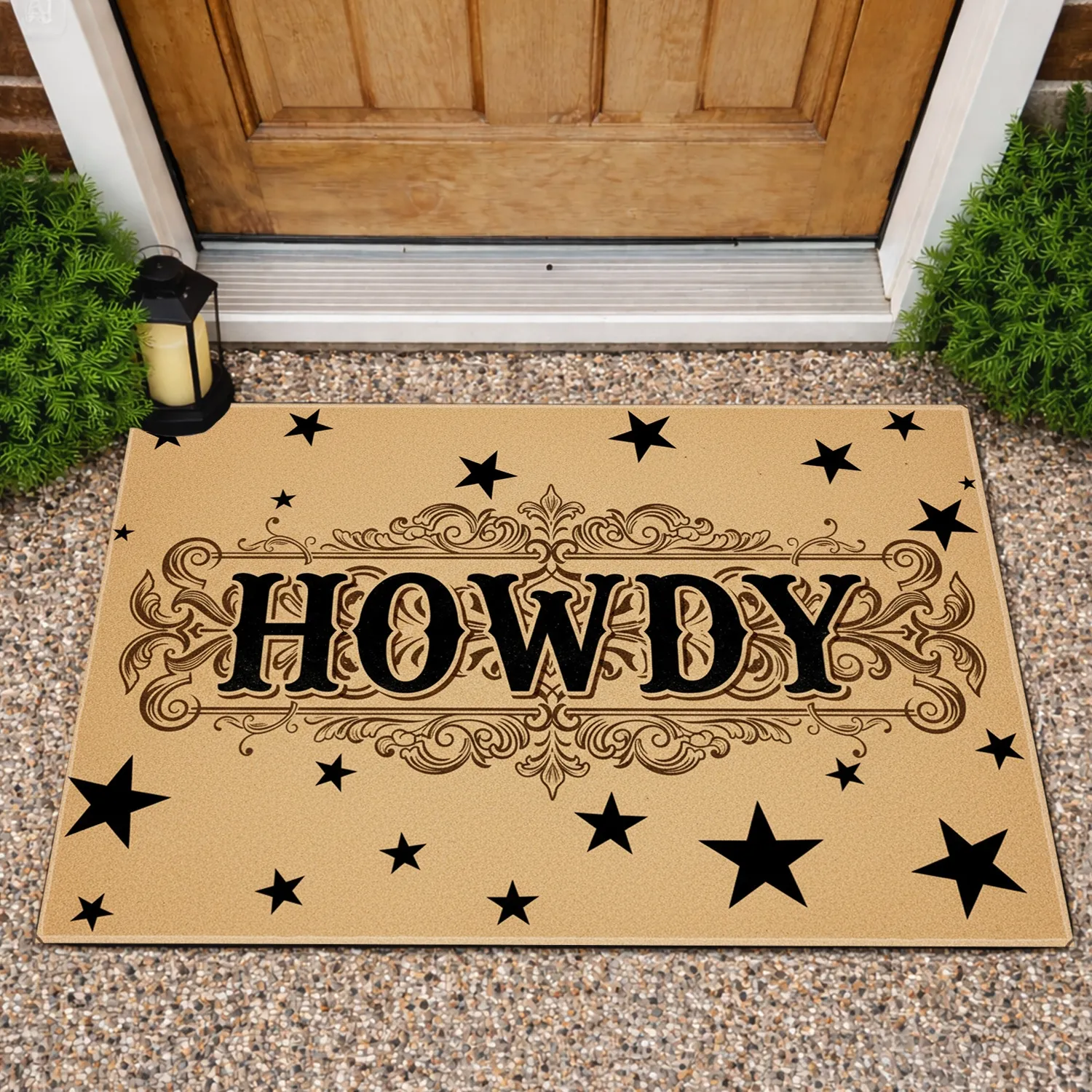 Howdy Western Stars Desert Sand Scrollwork - Old West Home Decor Gift Doormat - 1