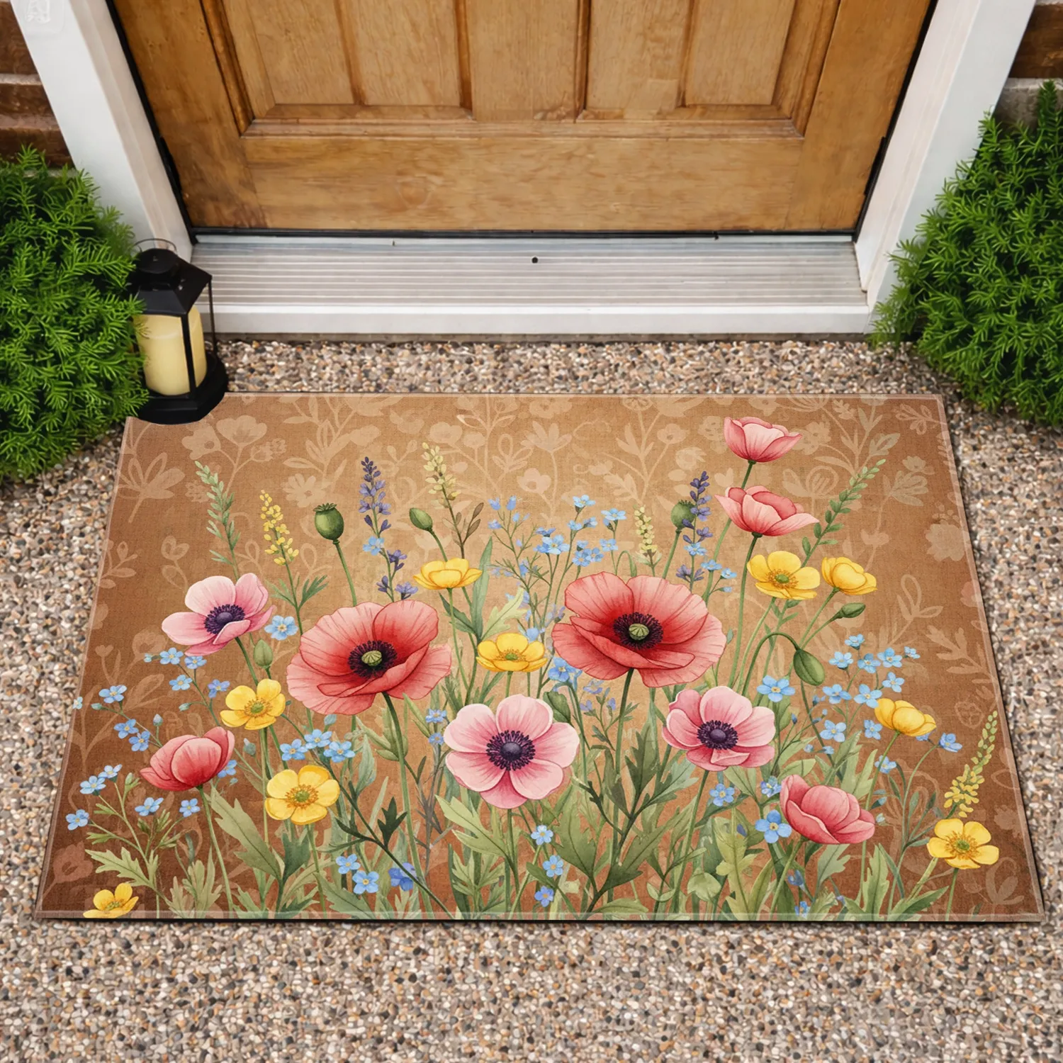 Earthy Wildflower Meadow Poppies Anemones - Nature Lover Garden Decor Gift Doormat - 1