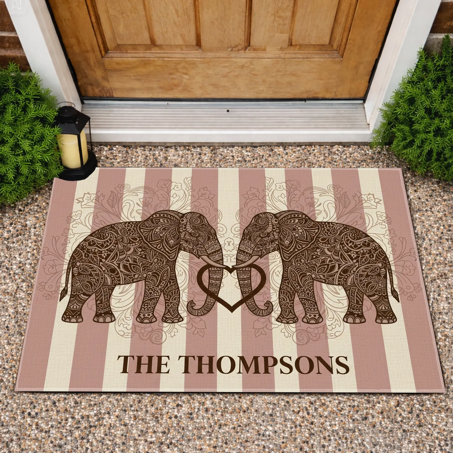 Custom Family Name Elephants Intertwined Trunks Heart Mandala - Home Decor Gift for Couples Doormat - 1
