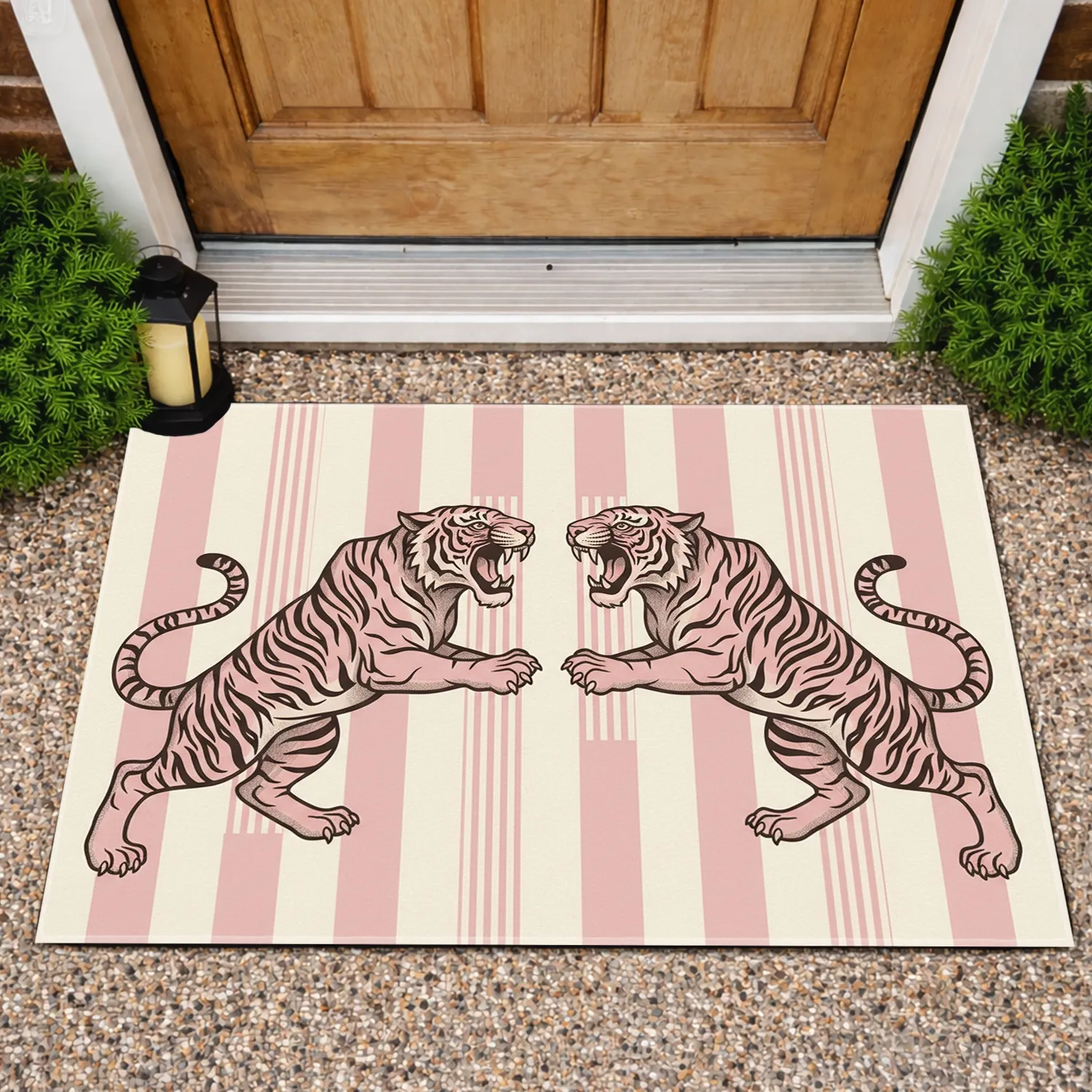 Two Mirrored Roaring Tigers Wide Jaws Curled Tails Vertical Stripes Home Decor Gift Doormat - 1