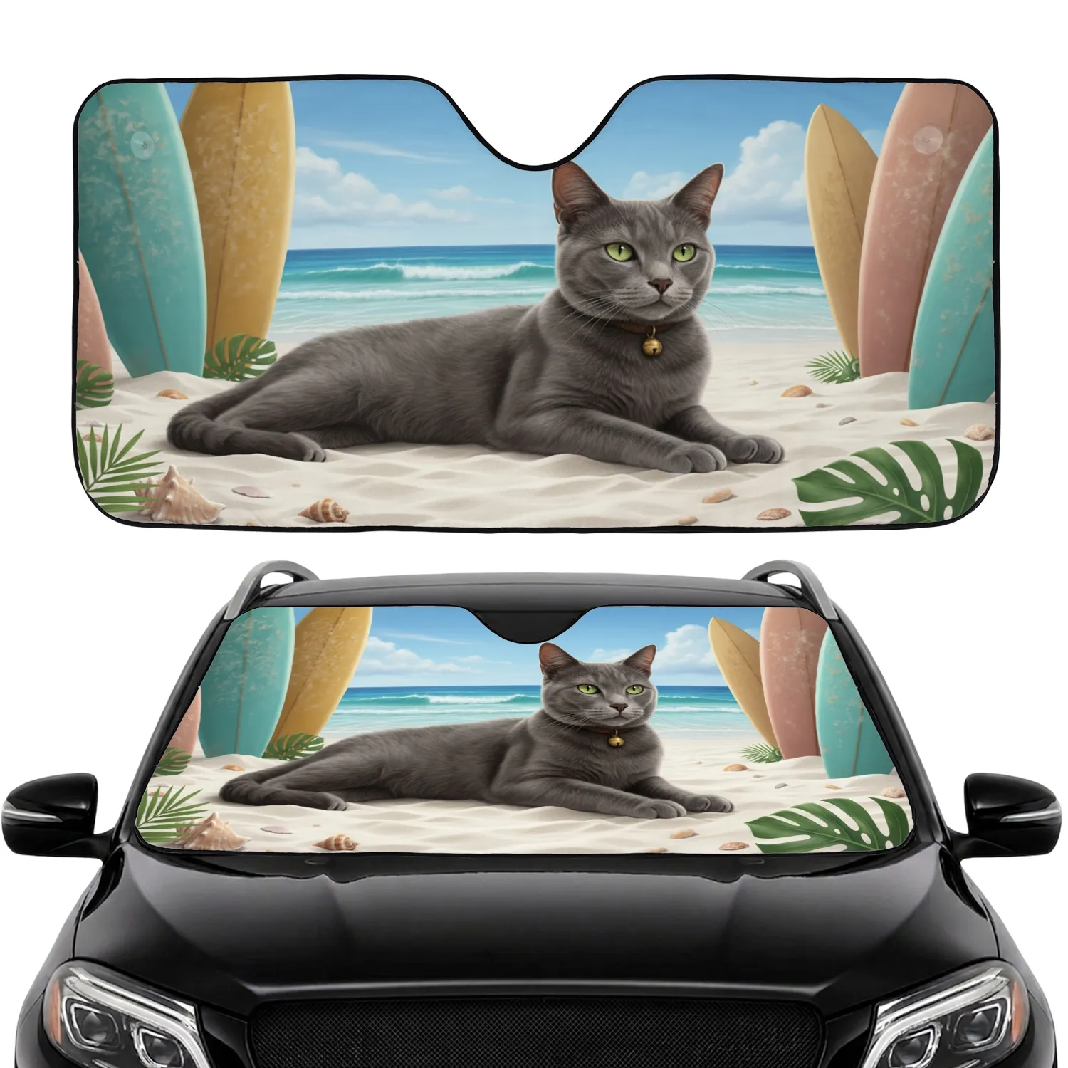 Green Eyed Grey Cat Vintage Surfboards Tropical Ocean - Car Decor Cat Lover Gift Car Sunshade - 1