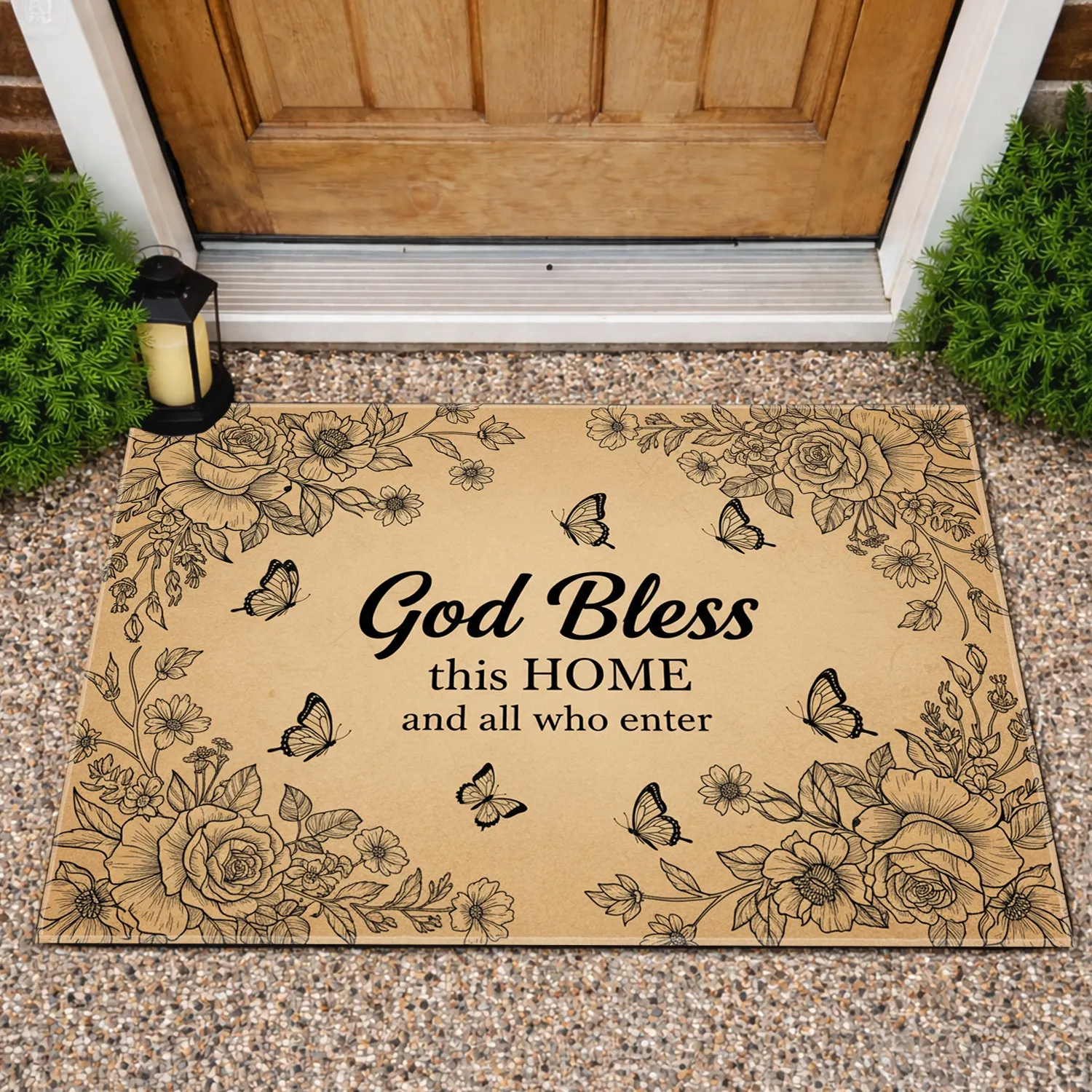 God Bless This Home Roses Wildflowers Butterflies - Home Decor Gift Doormat - 1