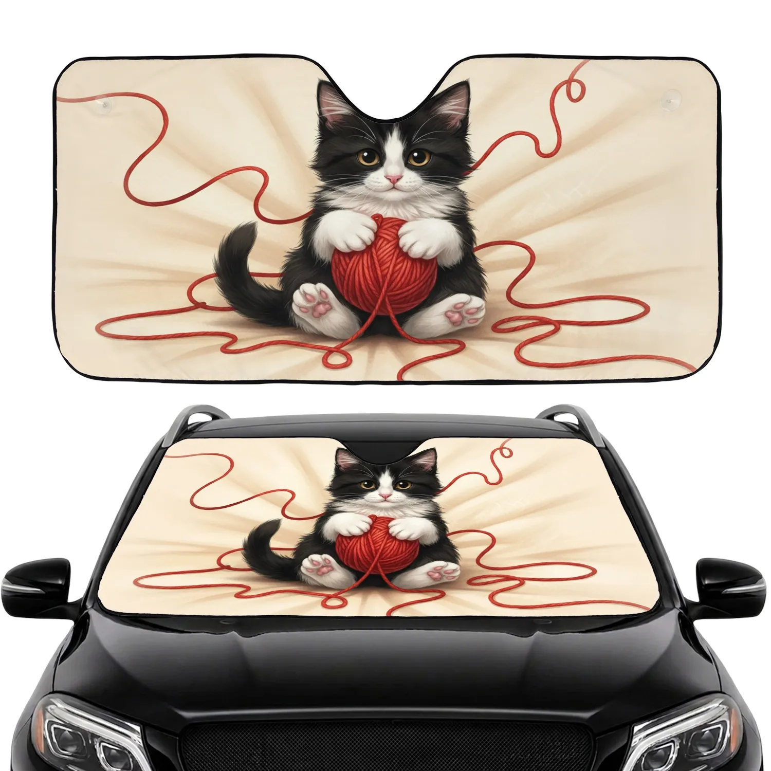 Black White Tuxedo Kitten Playful Red Yarn - Everyday Car Decor Gift for Cat Lovers Car Sunshade - 1