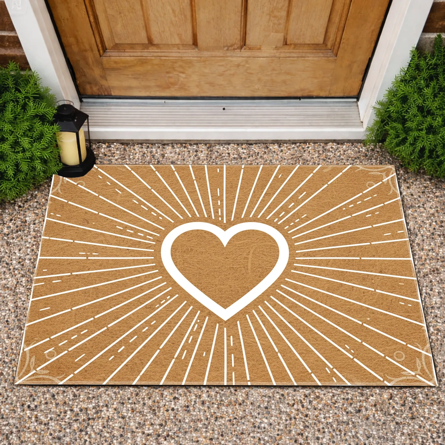 White Outline Heart Radiating Glow - Natural Fibrous Texture Housewarming Home Decor Gift Doormat - 1