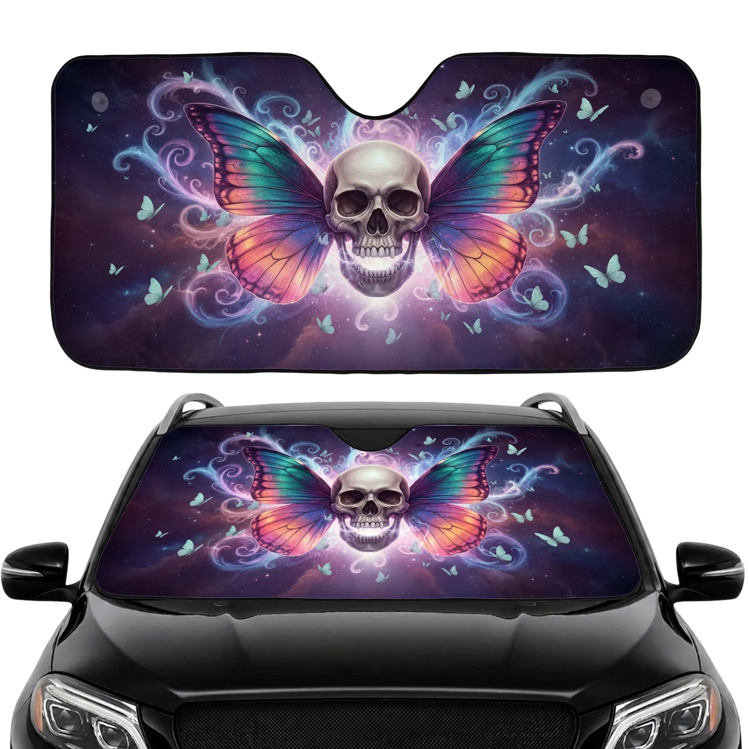 Iridescent Butterfly Wings Skull Glowing Jaw Cosmic Energy Nebula - Fantasy Lover Gift Car Sunshade - 1